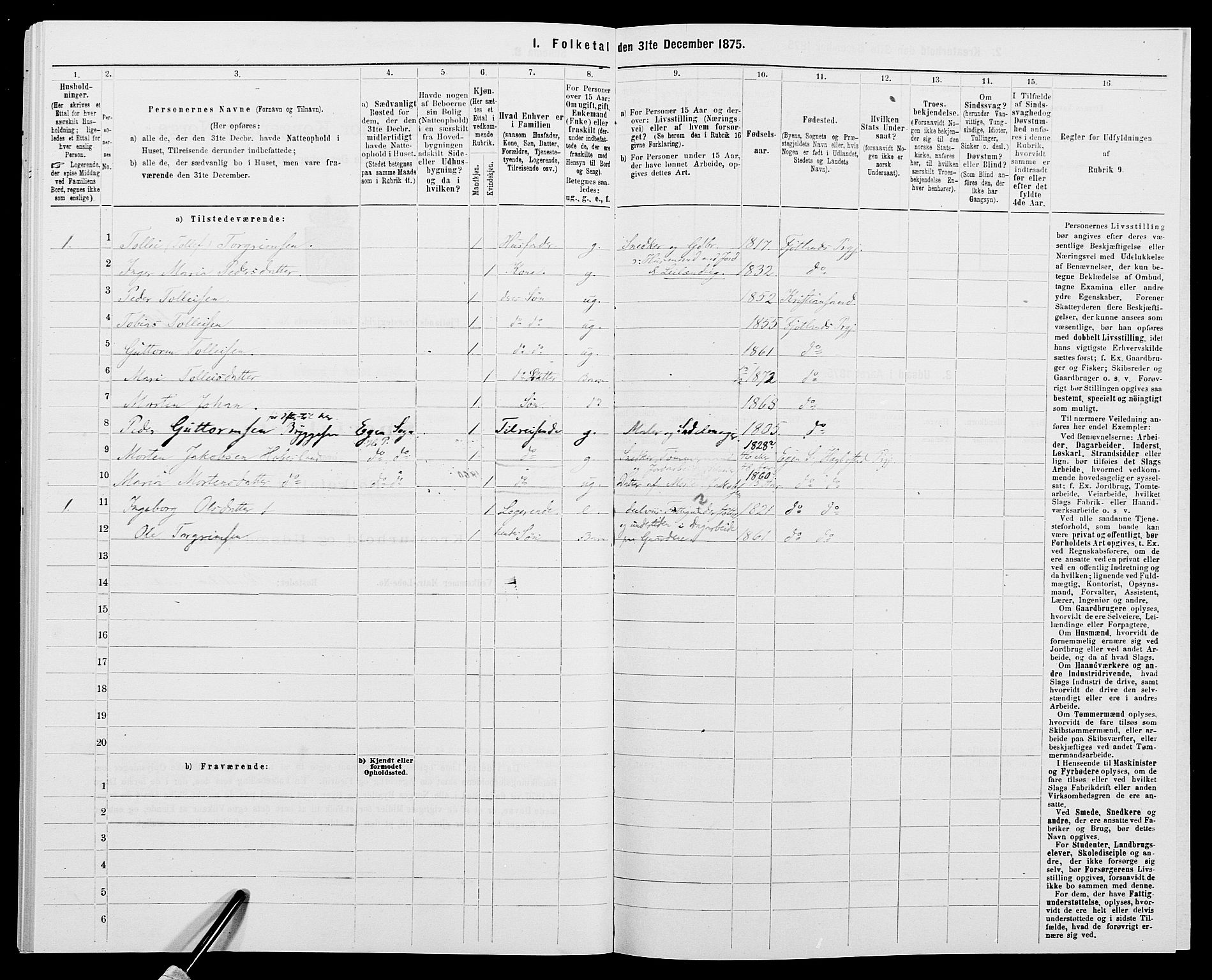 SAK, 1875 census for 1036P Fjotland, 1875, p. 296