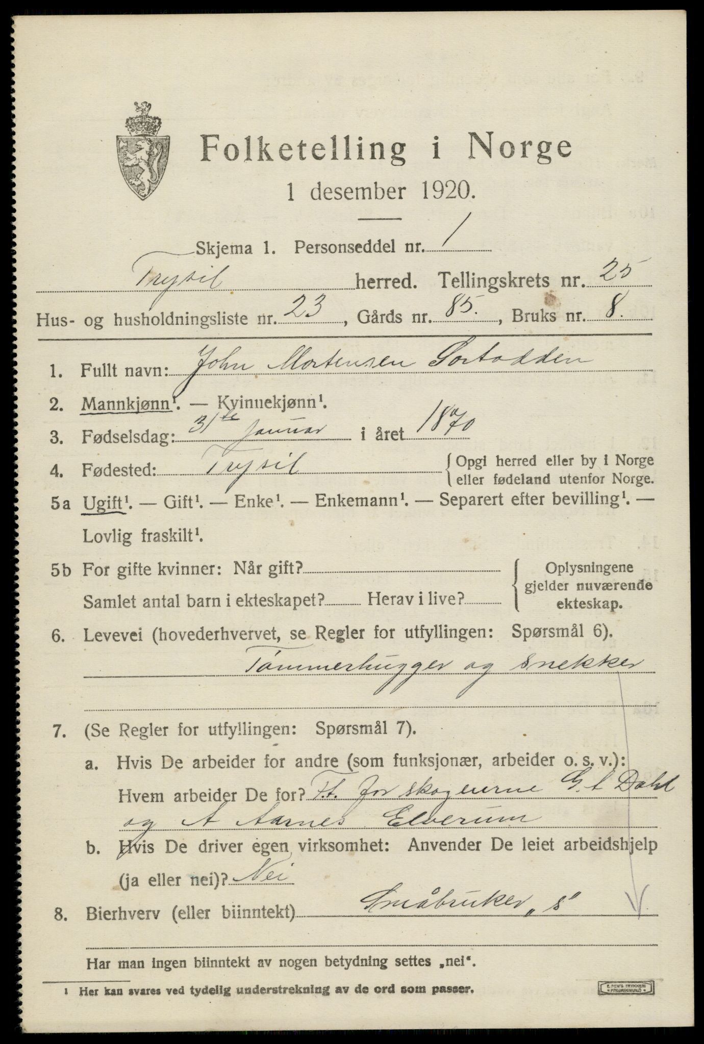 SAH, 1920 census for Trysil, 1920, p. 15963