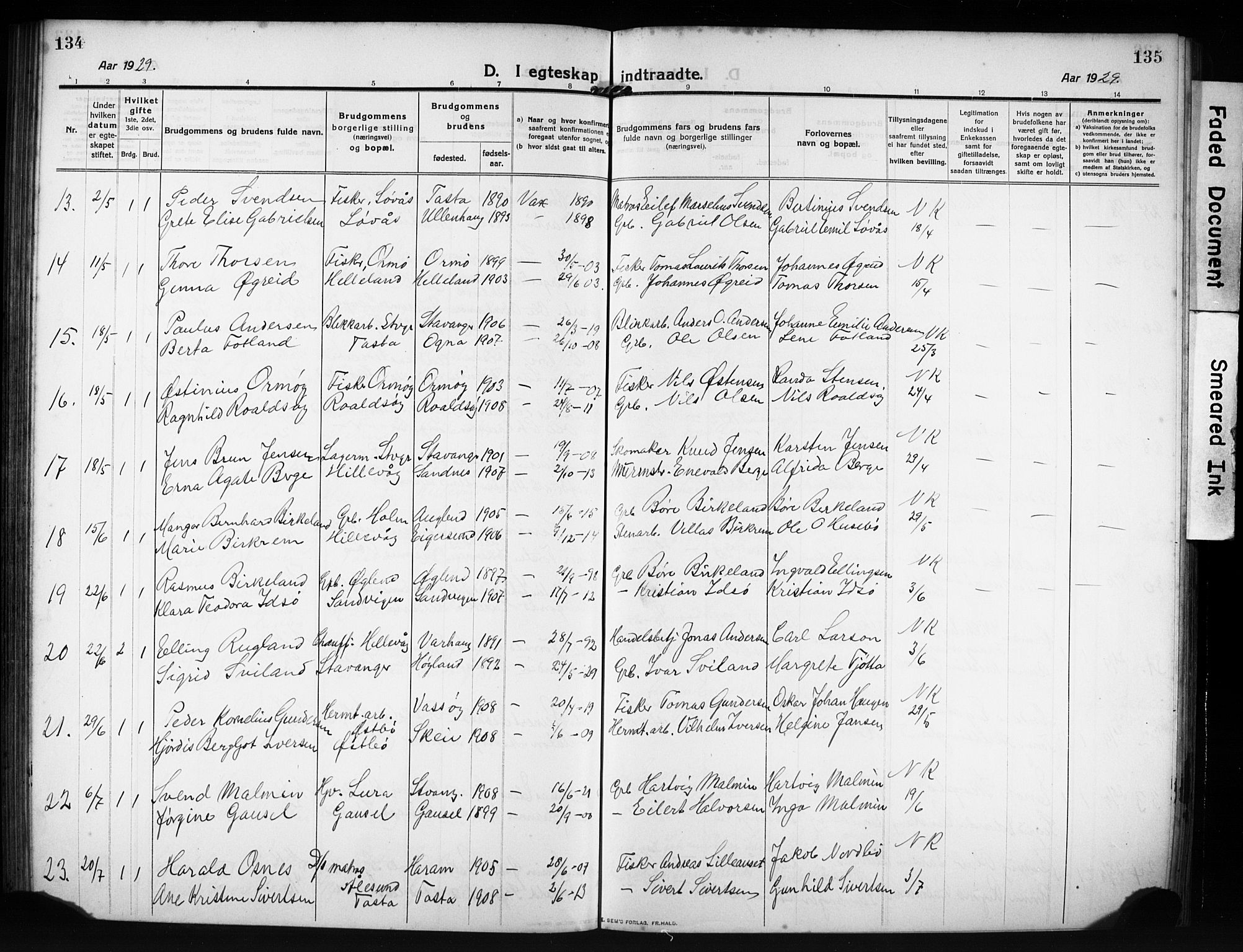 Hetland sokneprestkontor, SAST/A-101826/30/30BB/L0009: Parish register (copy) no. B 9, 1910-1931, p. 134-135