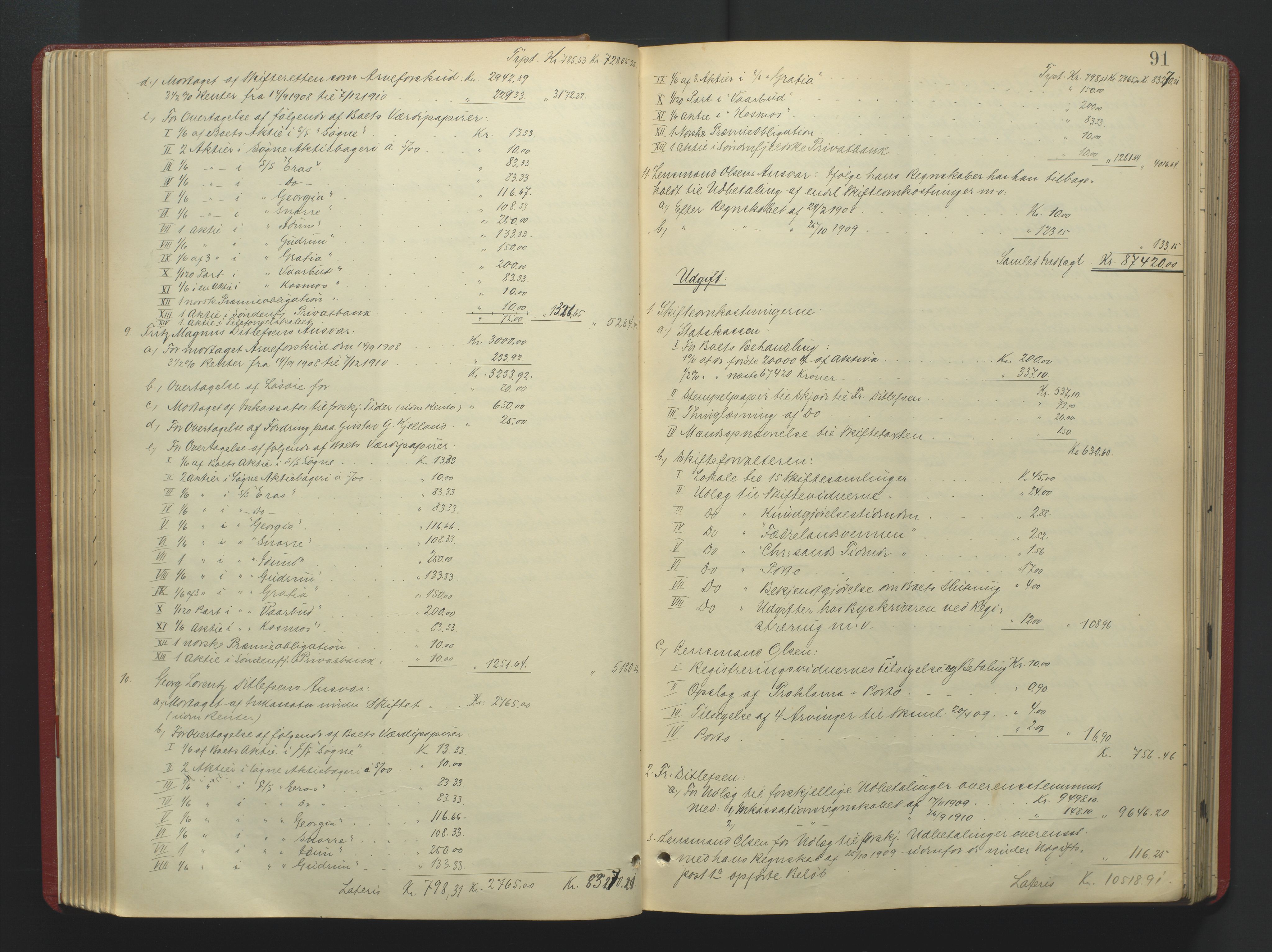 Torridal sorenskriveri, SAK/1221-0012/H/Hc/L0036: Skifteutlodningsprotokoll med navneregister nr. 5, 1906-1918, p. 91