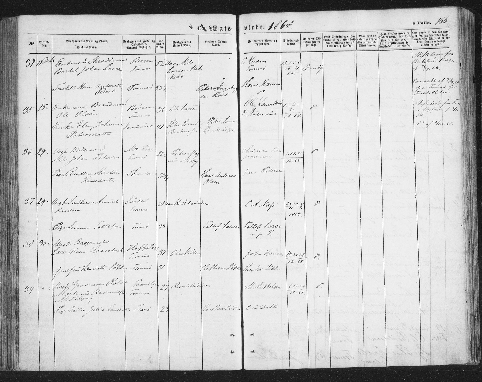 Tromsø sokneprestkontor/stiftsprosti/domprosti, SATØ/S-1343/G/Ga/L0012kirke: Parish register (official) no. 12, 1865-1871, p. 166
