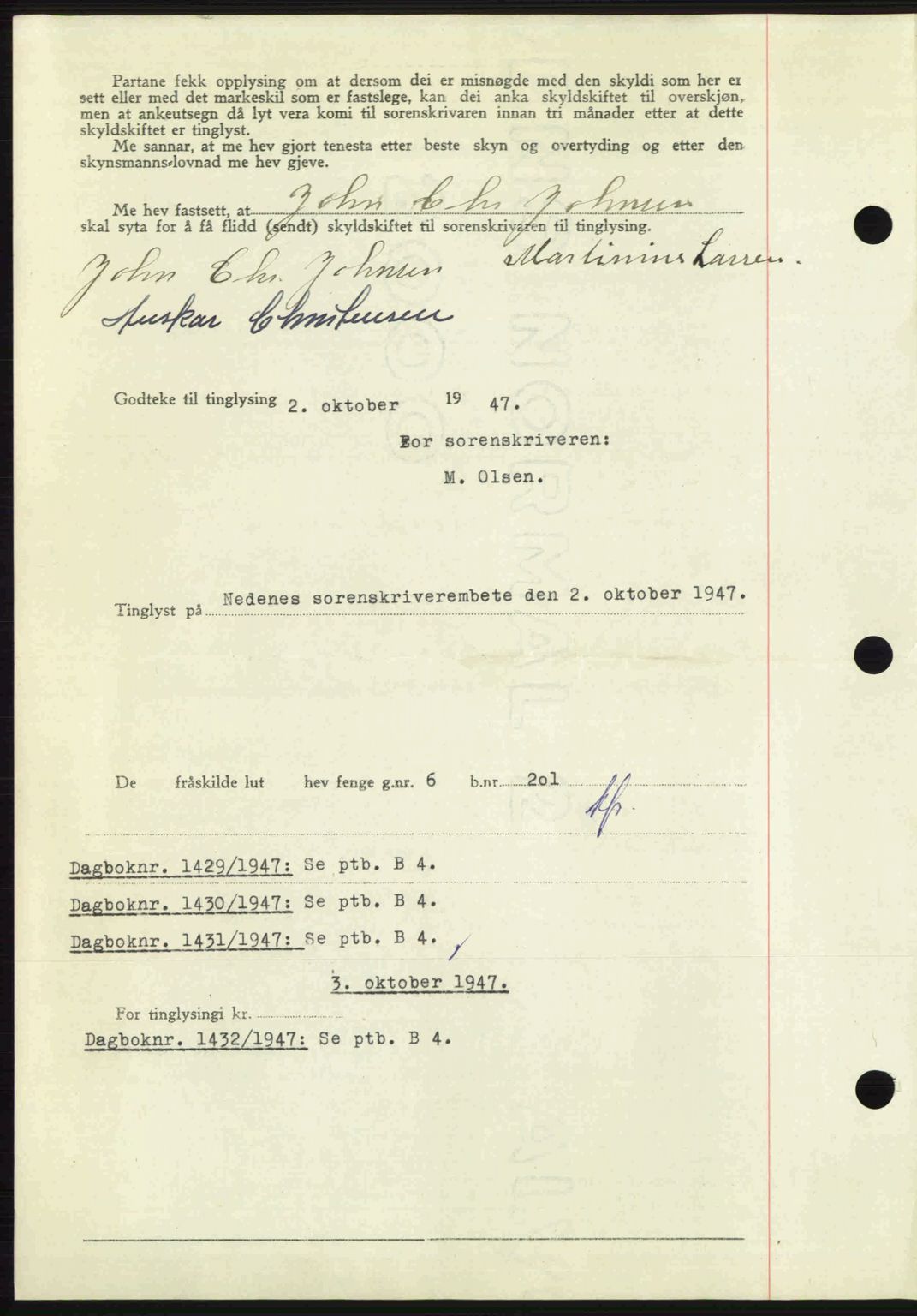 Nedenes sorenskriveri, AV/SAK-1221-0006/G/Gb/Gba/L0058: Mortgage book no. A10, 1947-1948, Diary no: : 1428/1947