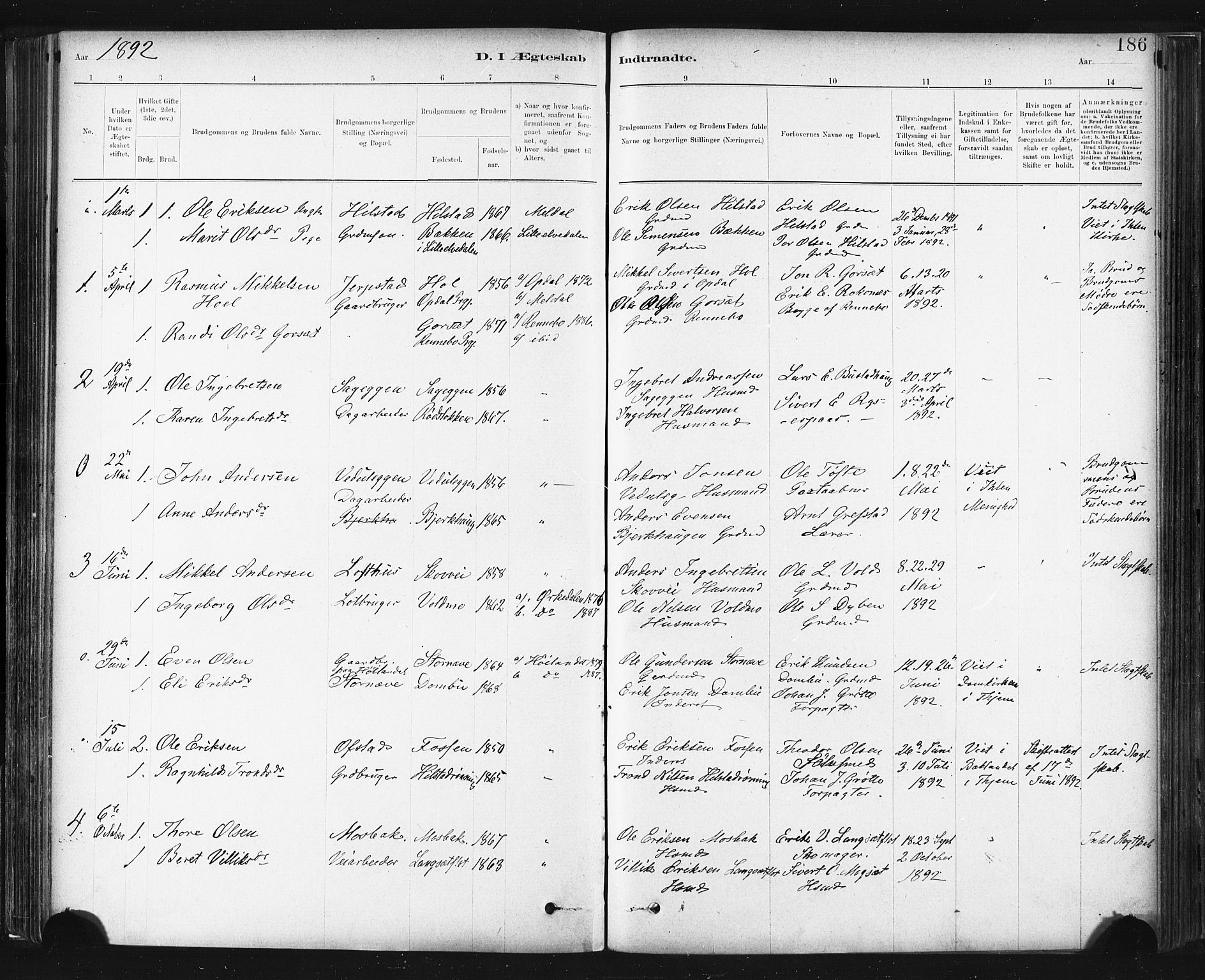 Ministerialprotokoller, klokkerbøker og fødselsregistre - Sør-Trøndelag, SAT/A-1456/672/L0857: Parish register (official) no. 672A09, 1882-1893, p. 186