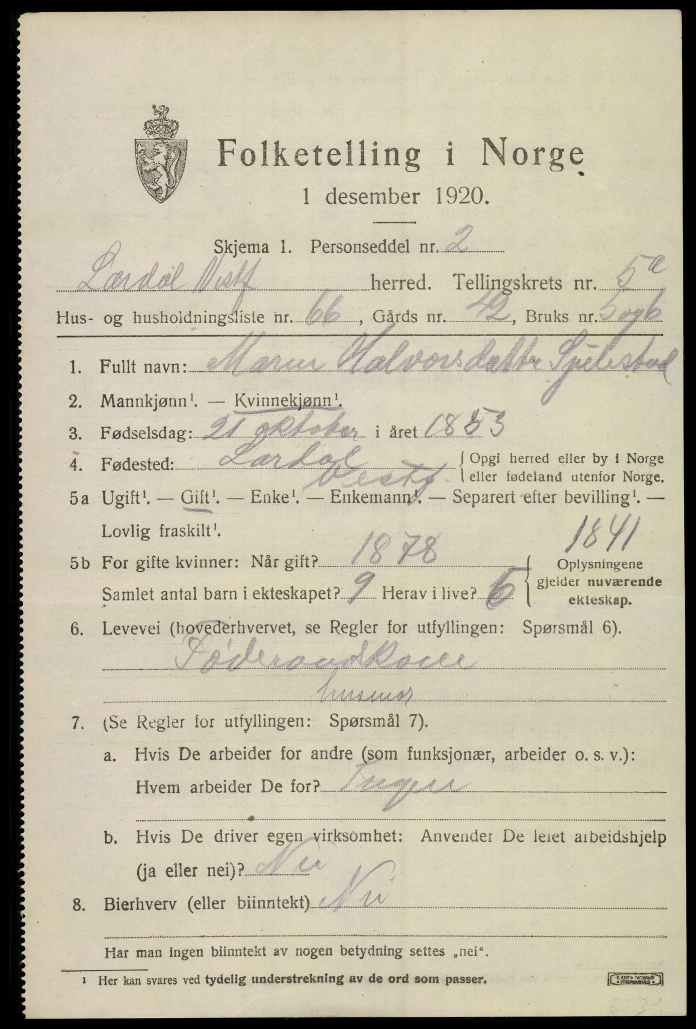 SAKO, 1920 census for Lardal, 1920, p. 5191