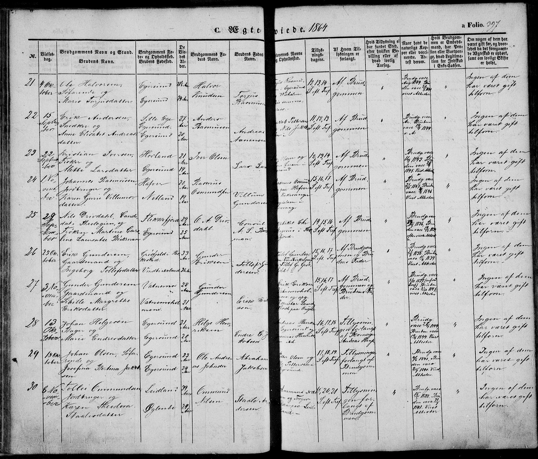 Eigersund sokneprestkontor, AV/SAST-A-101807/S08/L0013: Parish register (official) no. A 12.2, 1850-1865, p. 397