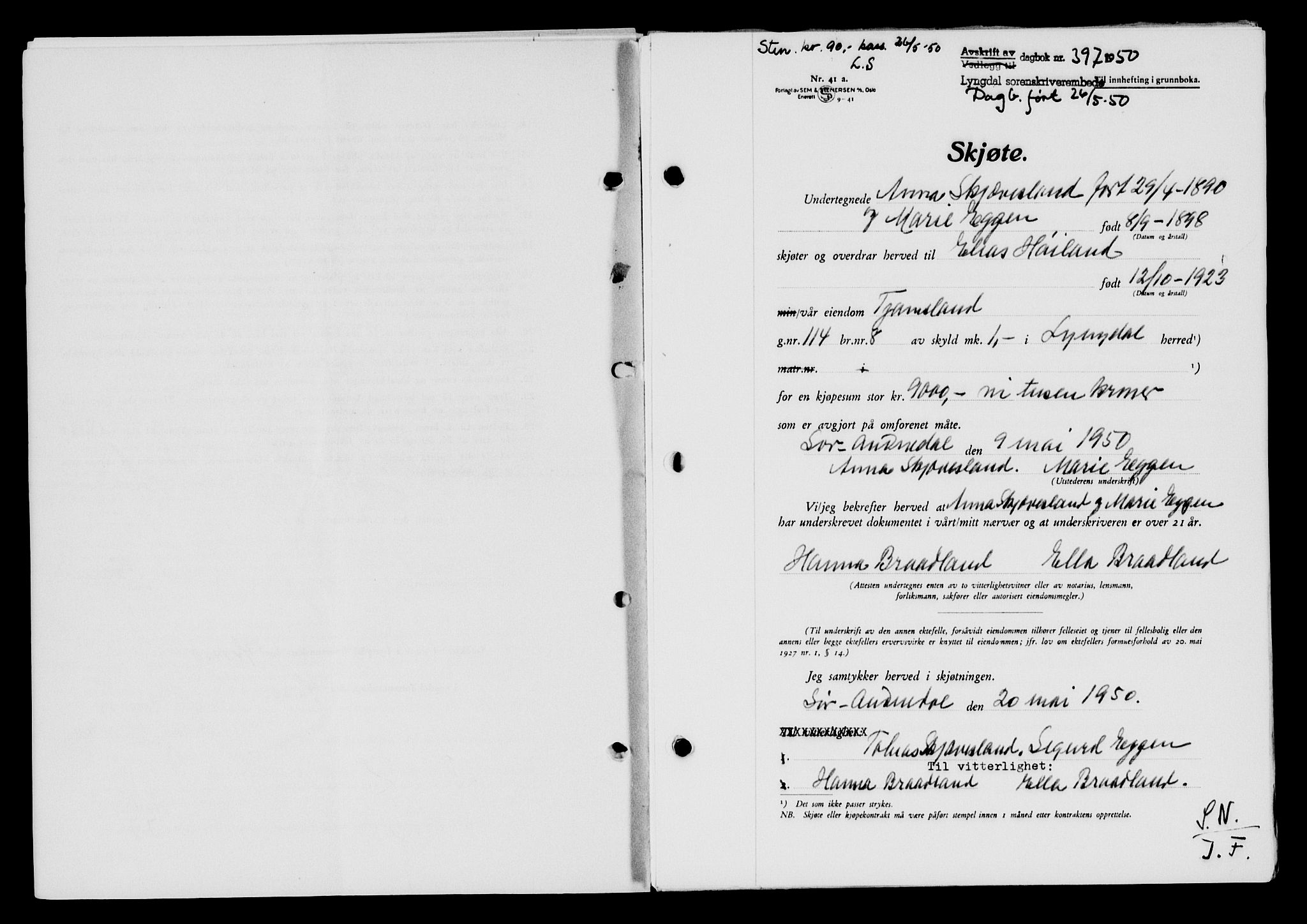 Lyngdal sorenskriveri, AV/SAK-1221-0004/G/Gb/L0665: Mortgage book no. A XI, 1950-1950, Diary no: : 397/1950