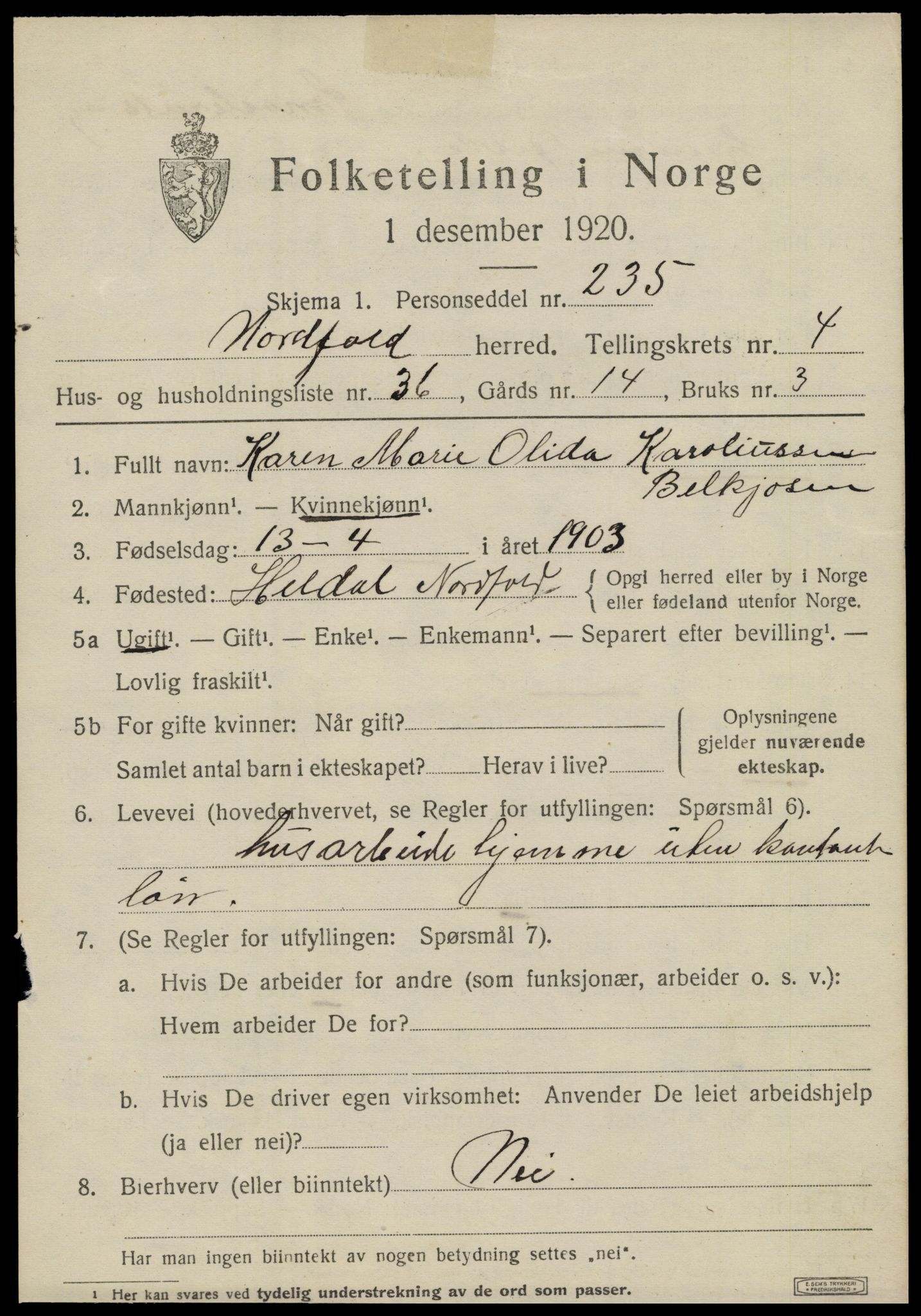 SAT, 1920 census for Nordfold, 1920, p. 2431