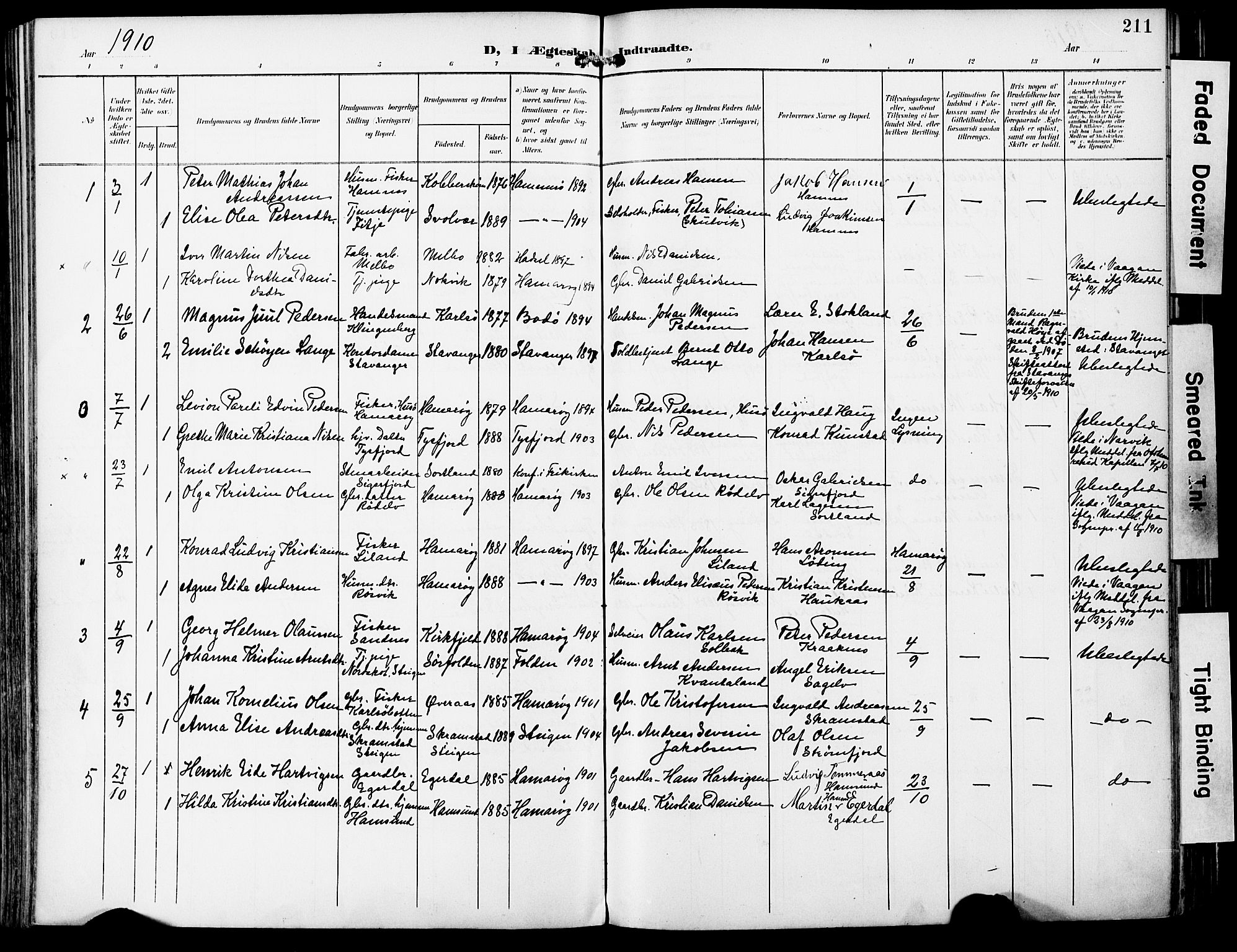 Ministerialprotokoller, klokkerbøker og fødselsregistre - Nordland, AV/SAT-A-1459/859/L0848: Parish register (official) no. 859A08, 1900-1912, p. 211