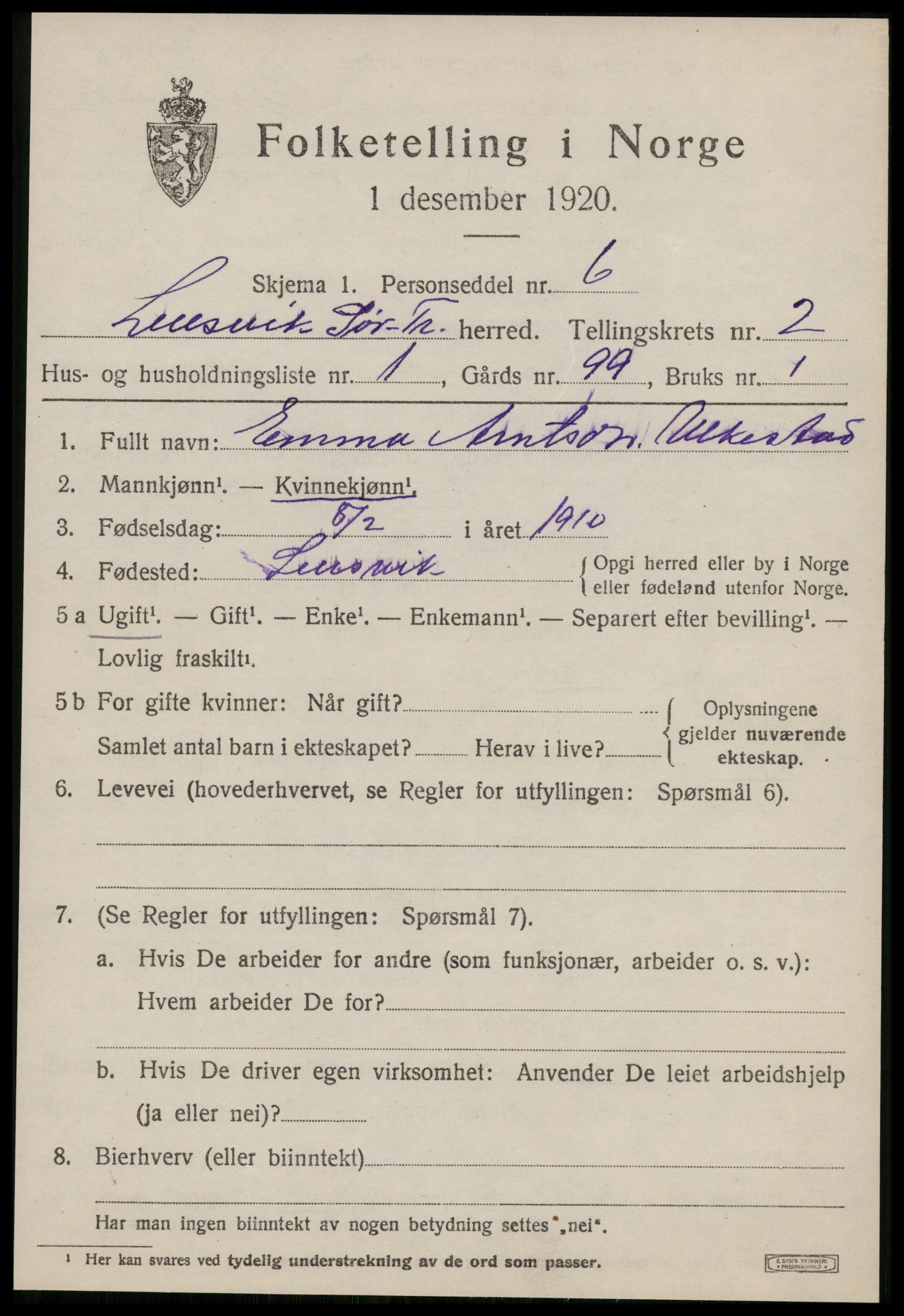 SAT, 1920 census for Lensvik, 1920, p. 1292