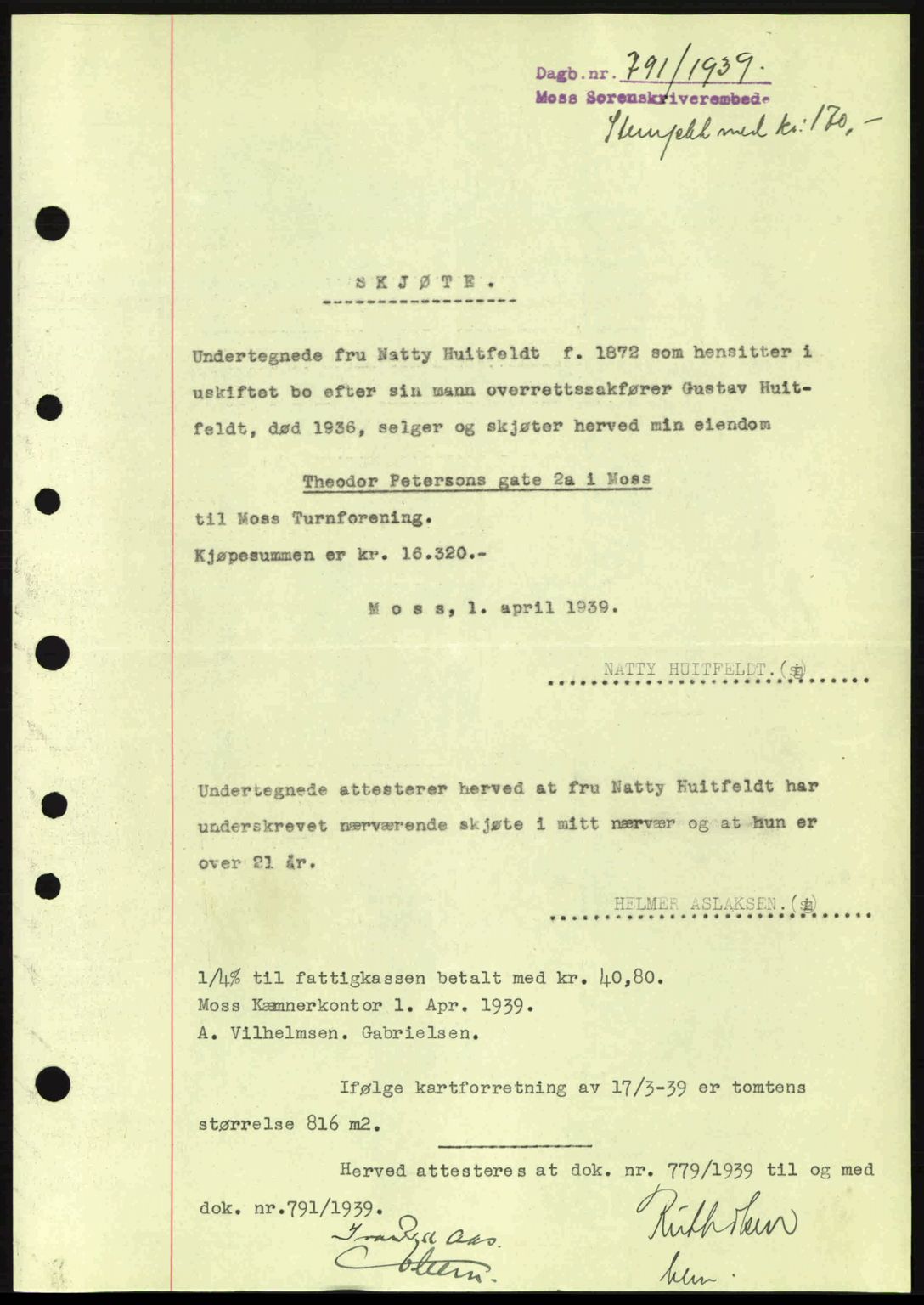 Moss sorenskriveri, SAO/A-10168: Mortgage book no. A5, 1938-1939, Diary no: : 791/1939