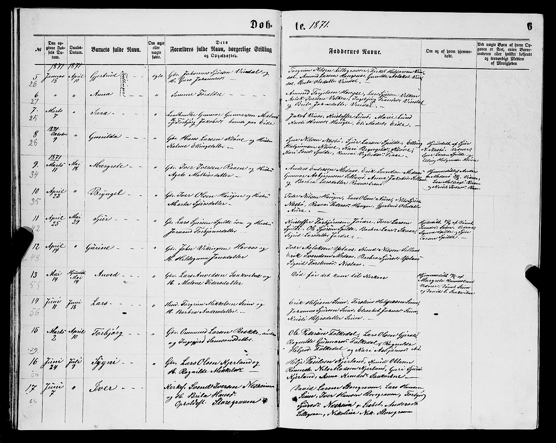 Ulvik sokneprestembete, SAB/A-78801/H/Hab: Parish register (copy) no. B 2, 1869-1883, p. 6