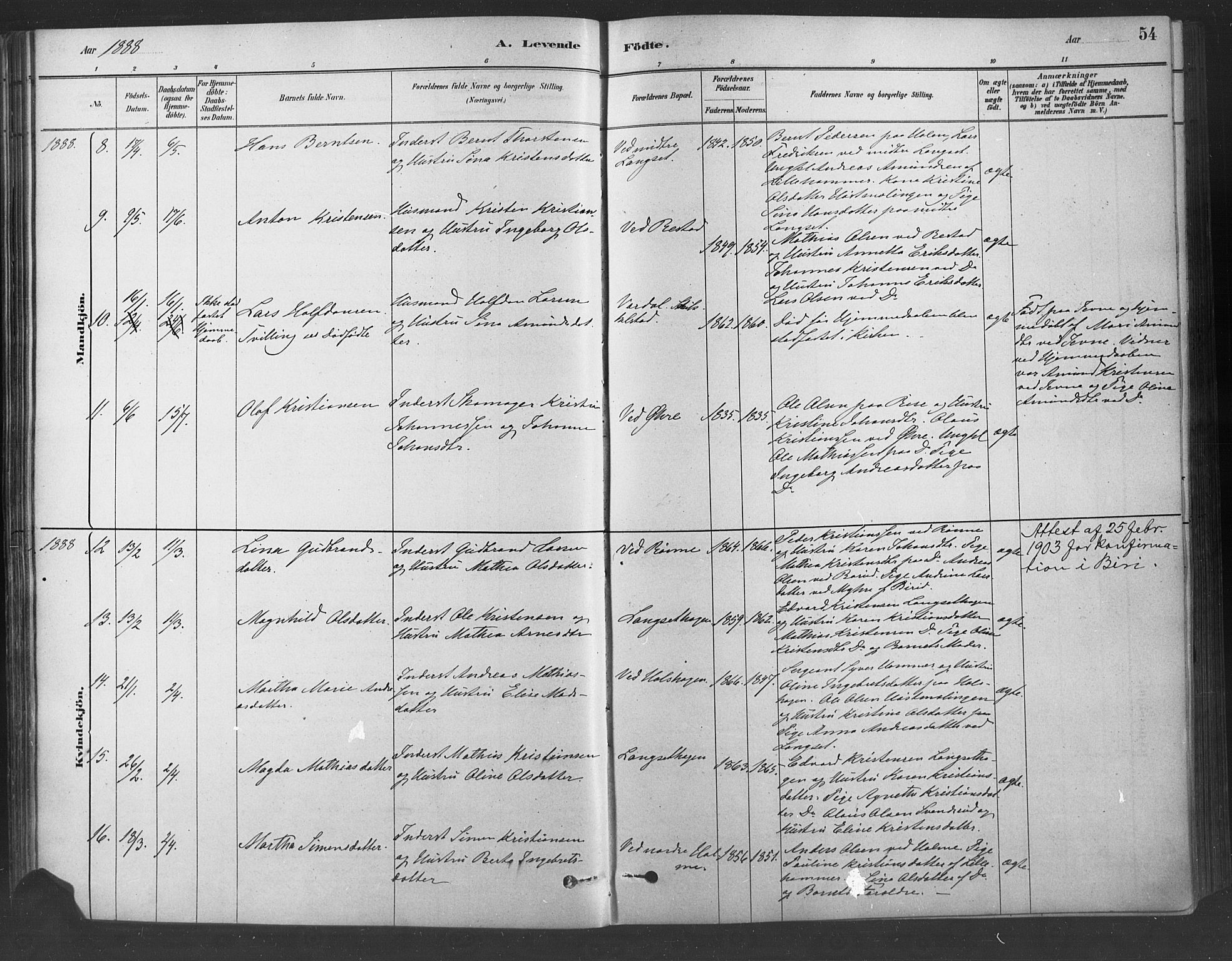 Fåberg prestekontor, AV/SAH-PREST-086/H/Ha/Haa/L0009: Parish register (official) no. 9, 1879-1898, p. 54