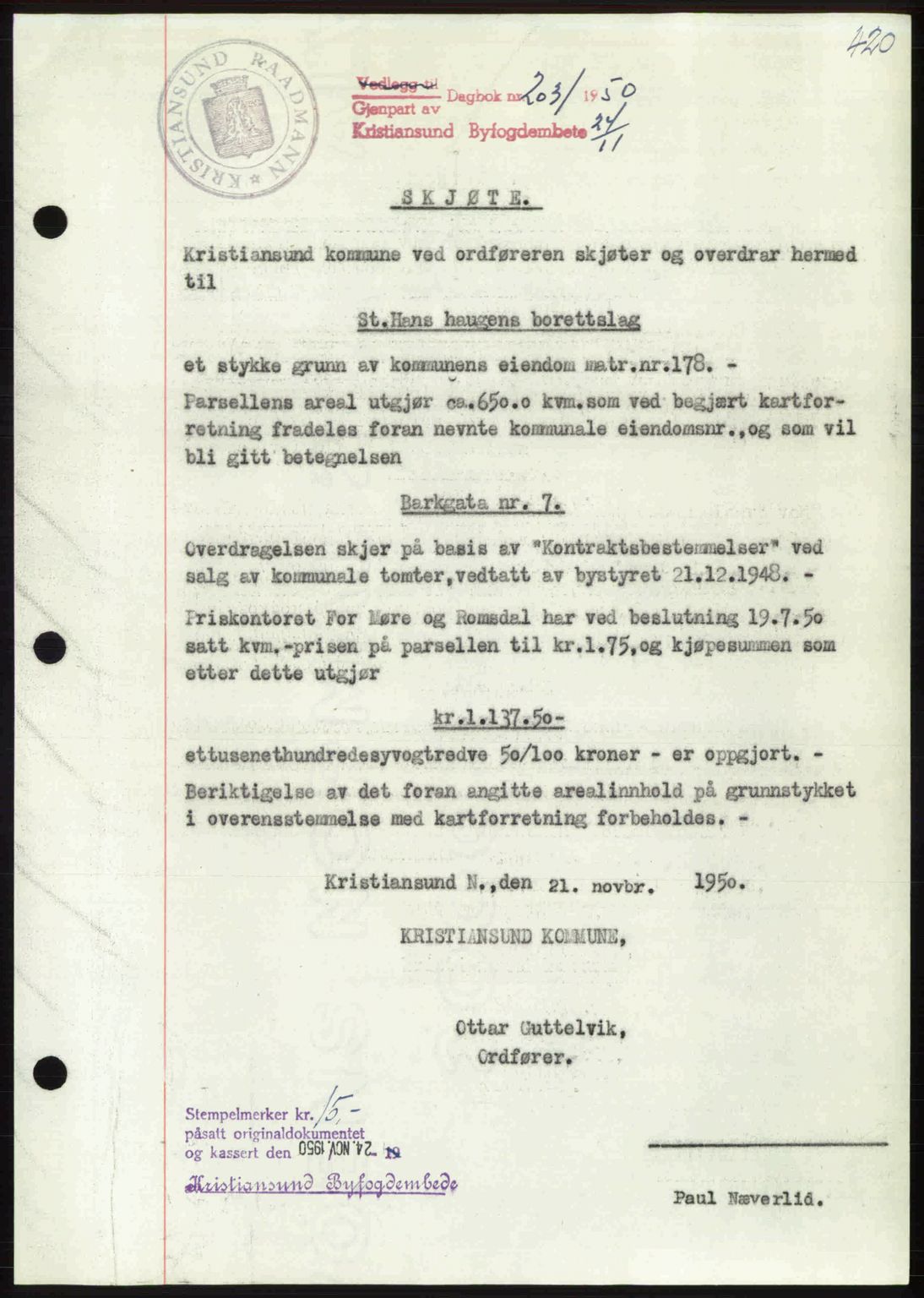 Kristiansund byfogd, AV/SAT-A-4587/A/27: Mortgage book no. 46, 1949-1950, Diary no: : 2031/1950