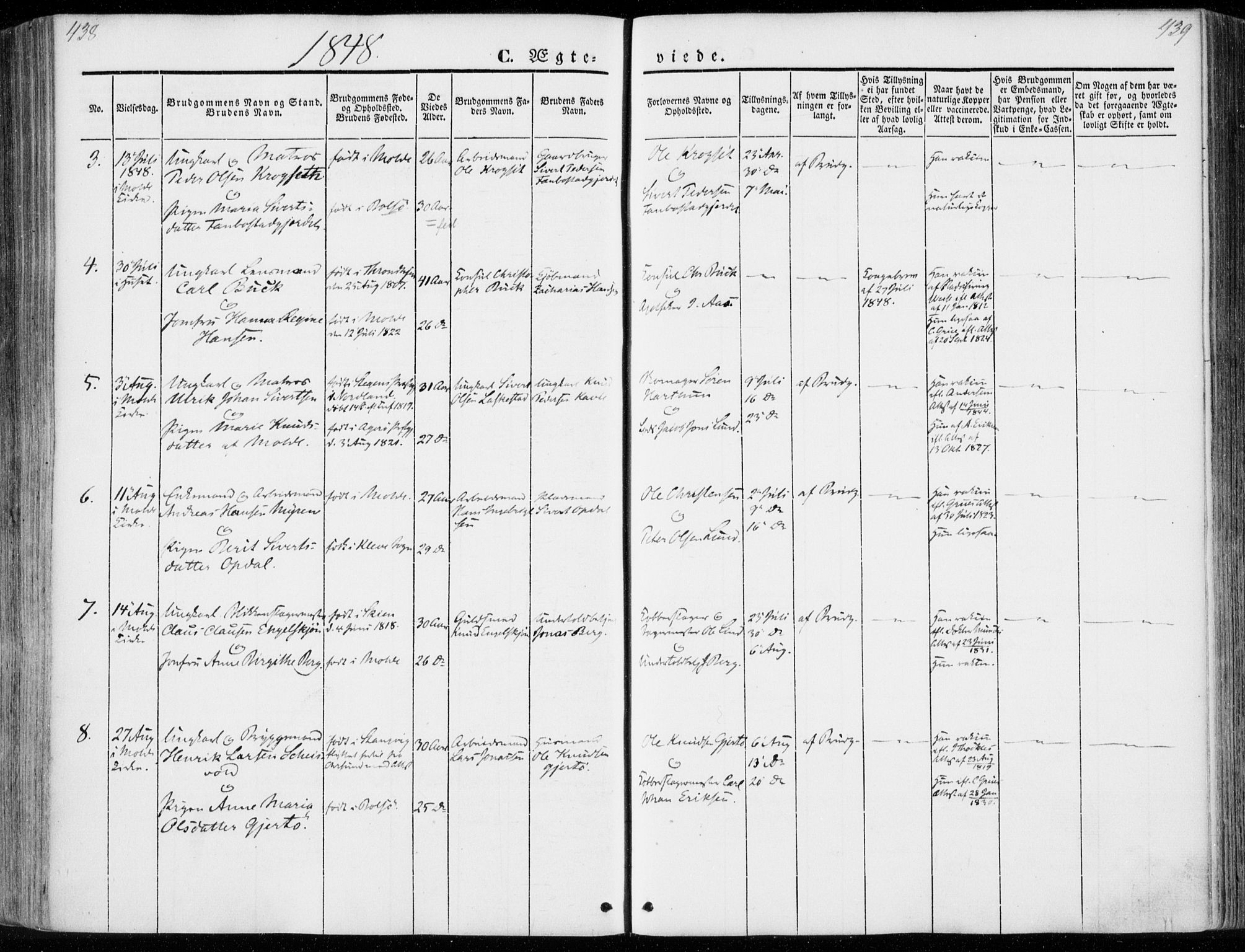 Ministerialprotokoller, klokkerbøker og fødselsregistre - Møre og Romsdal, SAT/A-1454/558/L0689: Parish register (official) no. 558A03, 1843-1872, p. 438-439