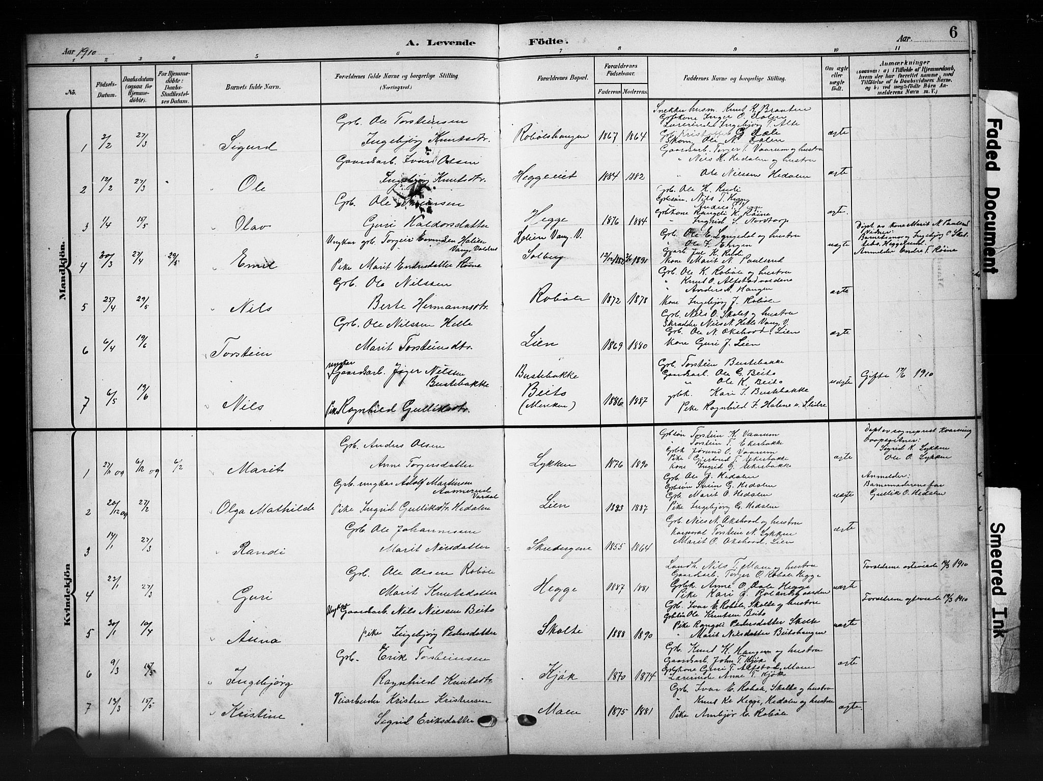 Øystre Slidre prestekontor, AV/SAH-PREST-138/H/Ha/Hab/L0007: Parish register (copy) no. 7, 1908-1927, p. 6