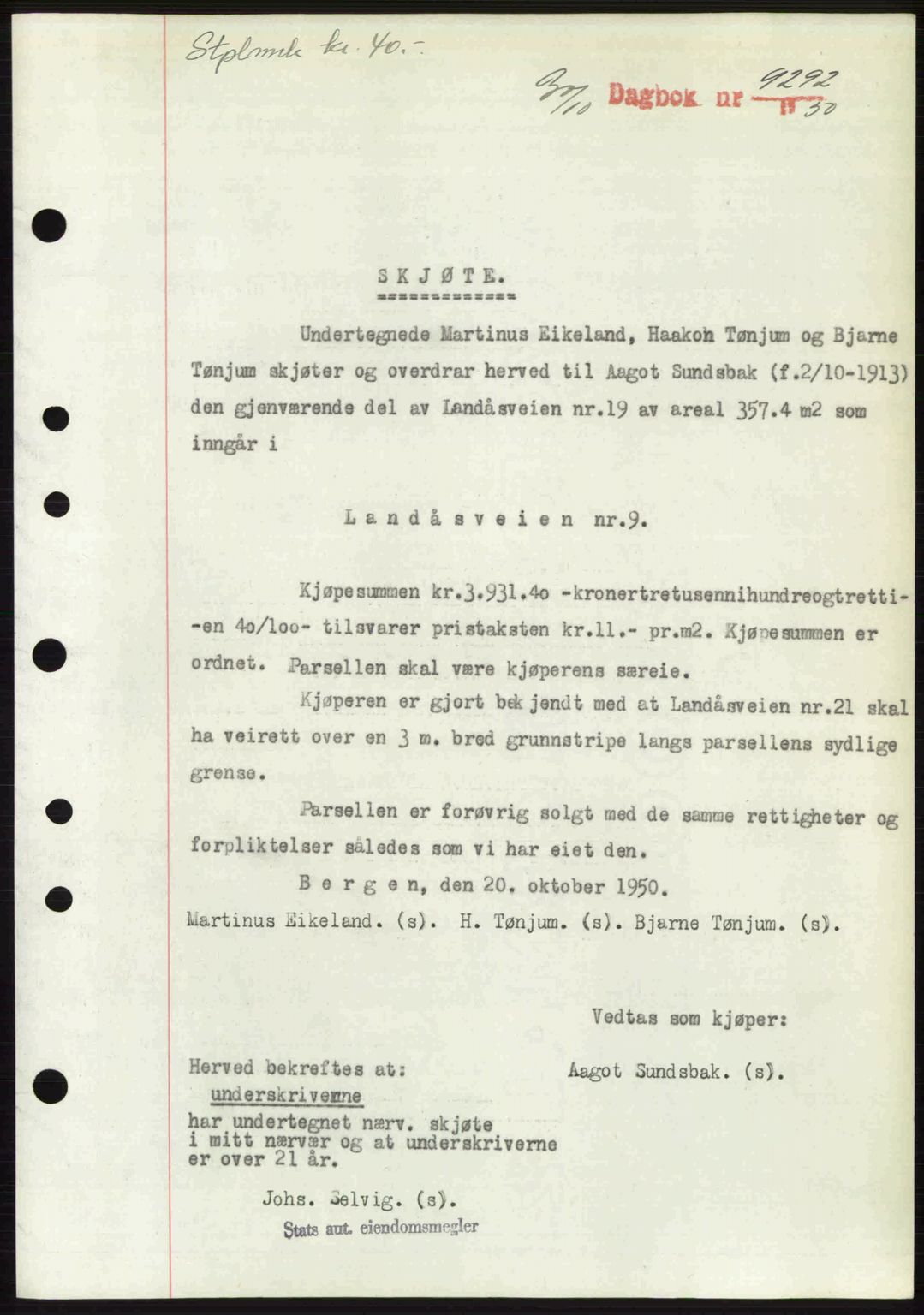 Byfogd og Byskriver i Bergen, SAB/A-3401/03/03Bc/L0034: Mortgage book no. A27-28, 1950-1950, Diary no: : 9292/1950