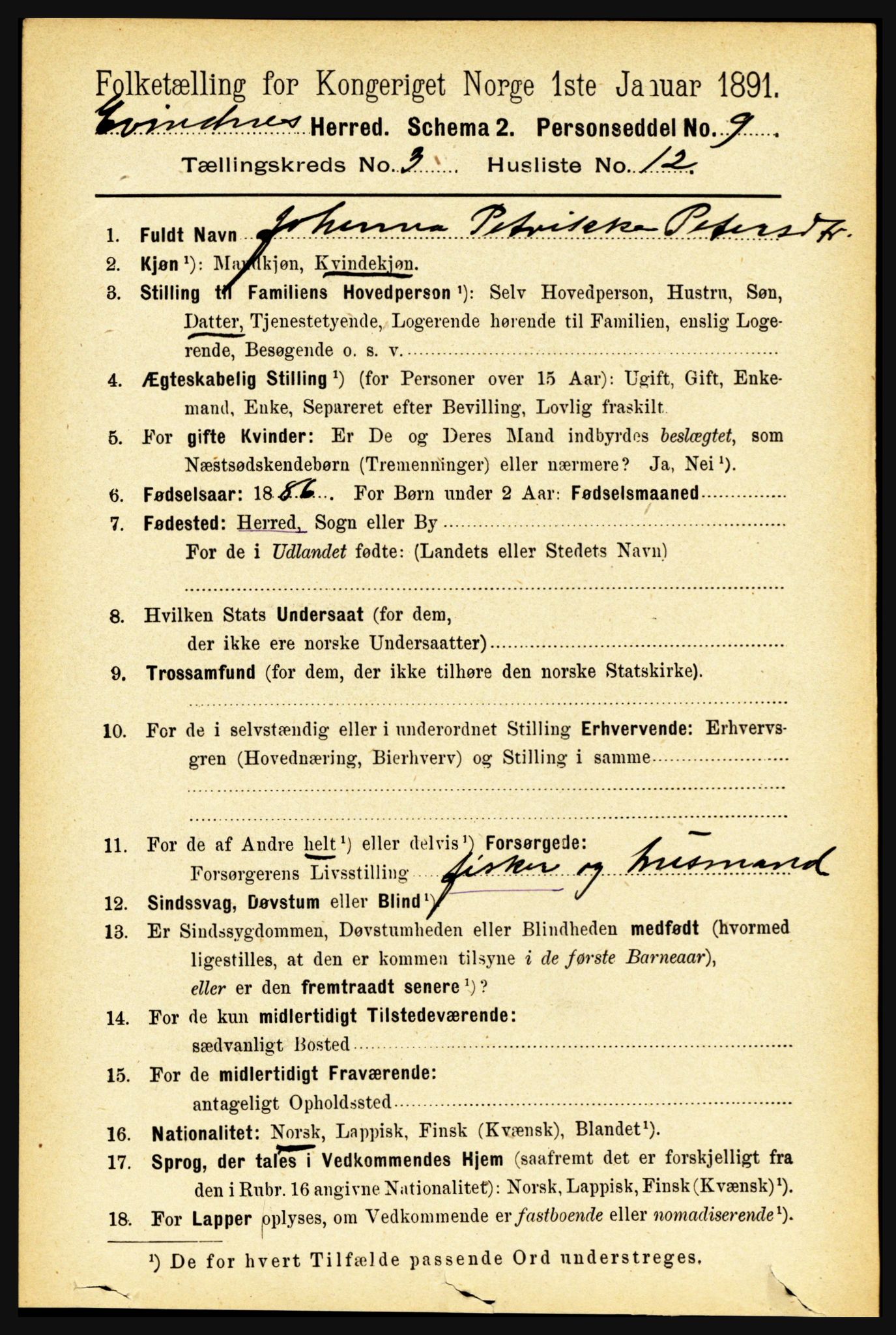 RA, 1891 census for 1853 Evenes, 1891, p. 843