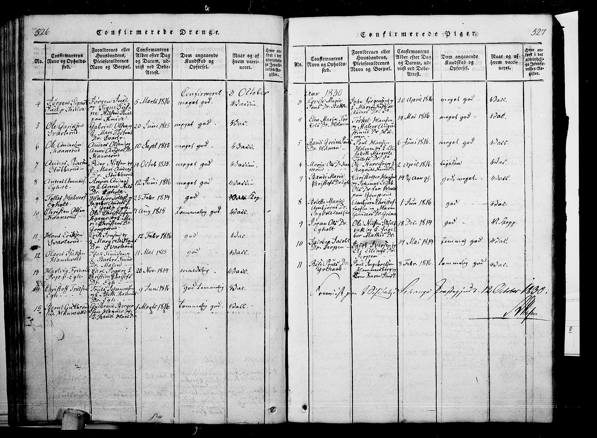 Skoger kirkebøker, AV/SAKO-A-59/G/Ga/L0001: Parish register (copy) no. I 1, 1814-1845, p. 526-527