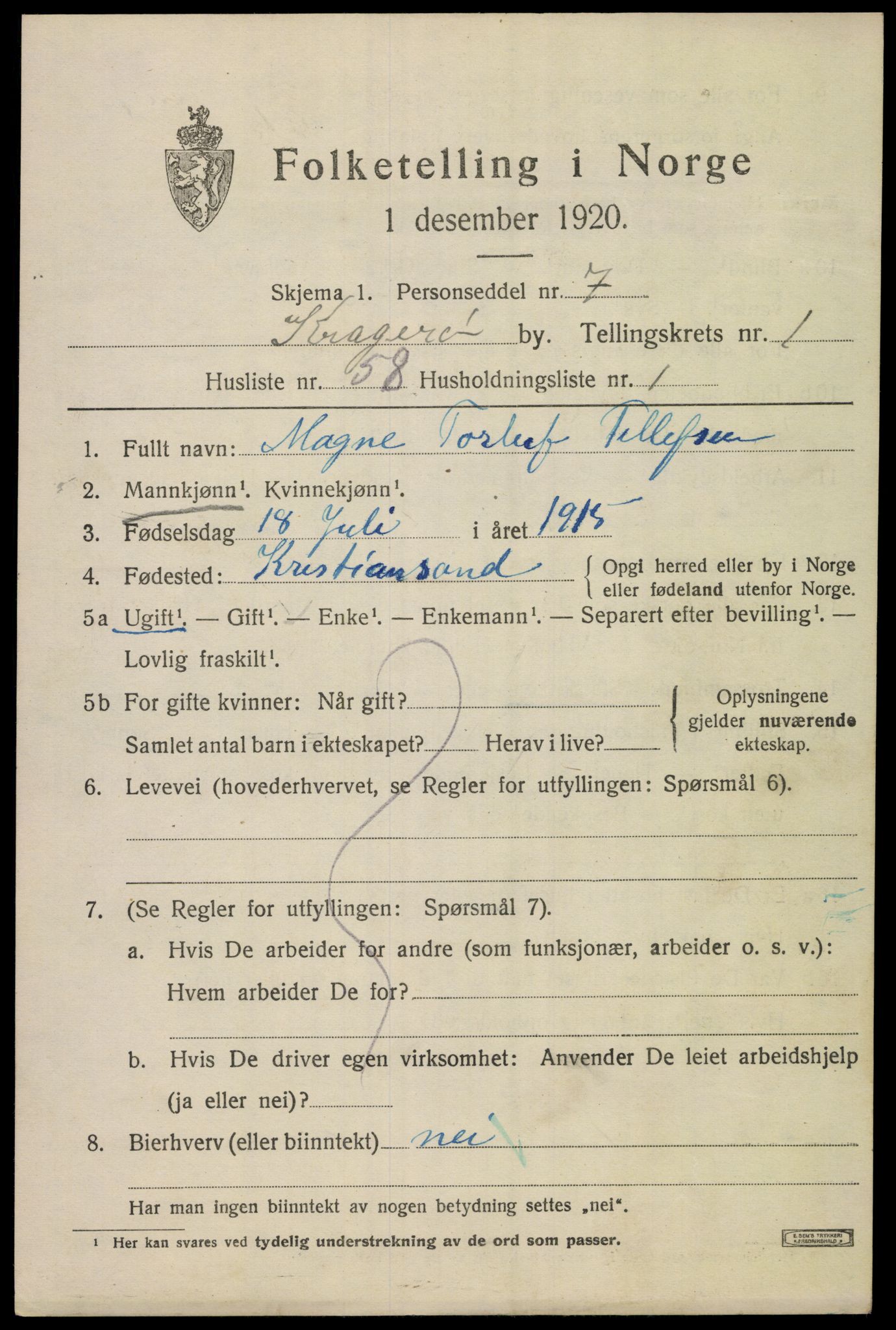 SAKO, 1920 census for Kragerø, 1920, p. 4917