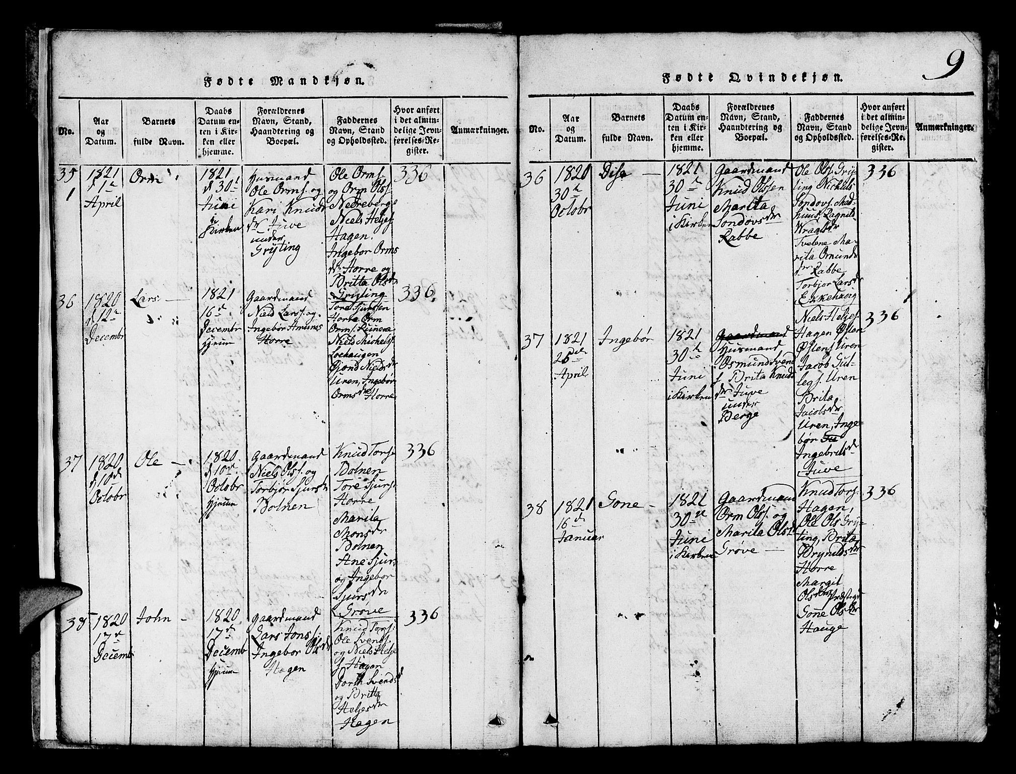 Røldal sokneprestembete, AV/SAB-A-100247: Parish register (copy) no. A 1, 1817-1860, p. 9