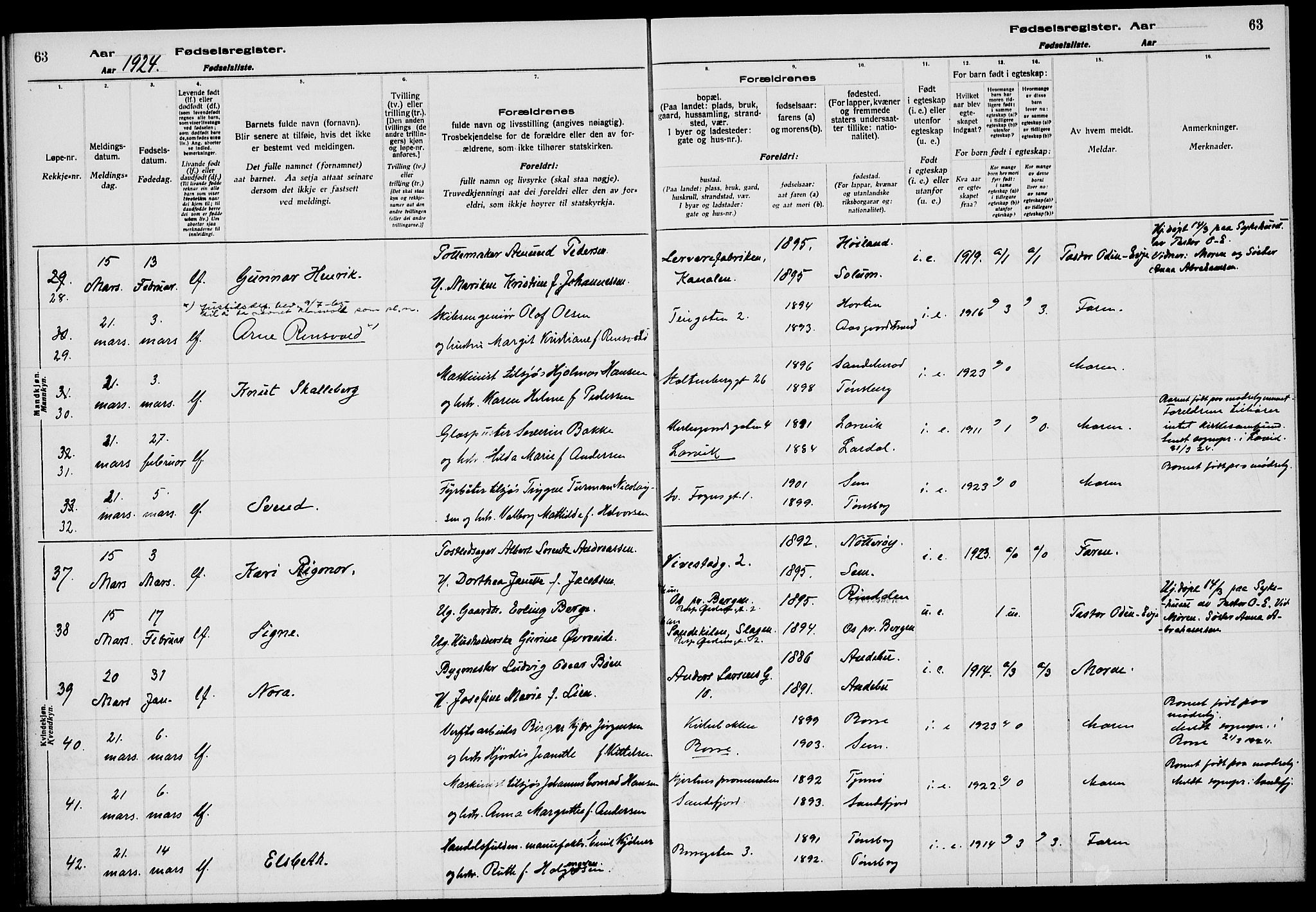 Tønsberg kirkebøker, AV/SAKO-A-330/J/Ja/L0002: Birth register no. 2, 1922-1928, p. 63