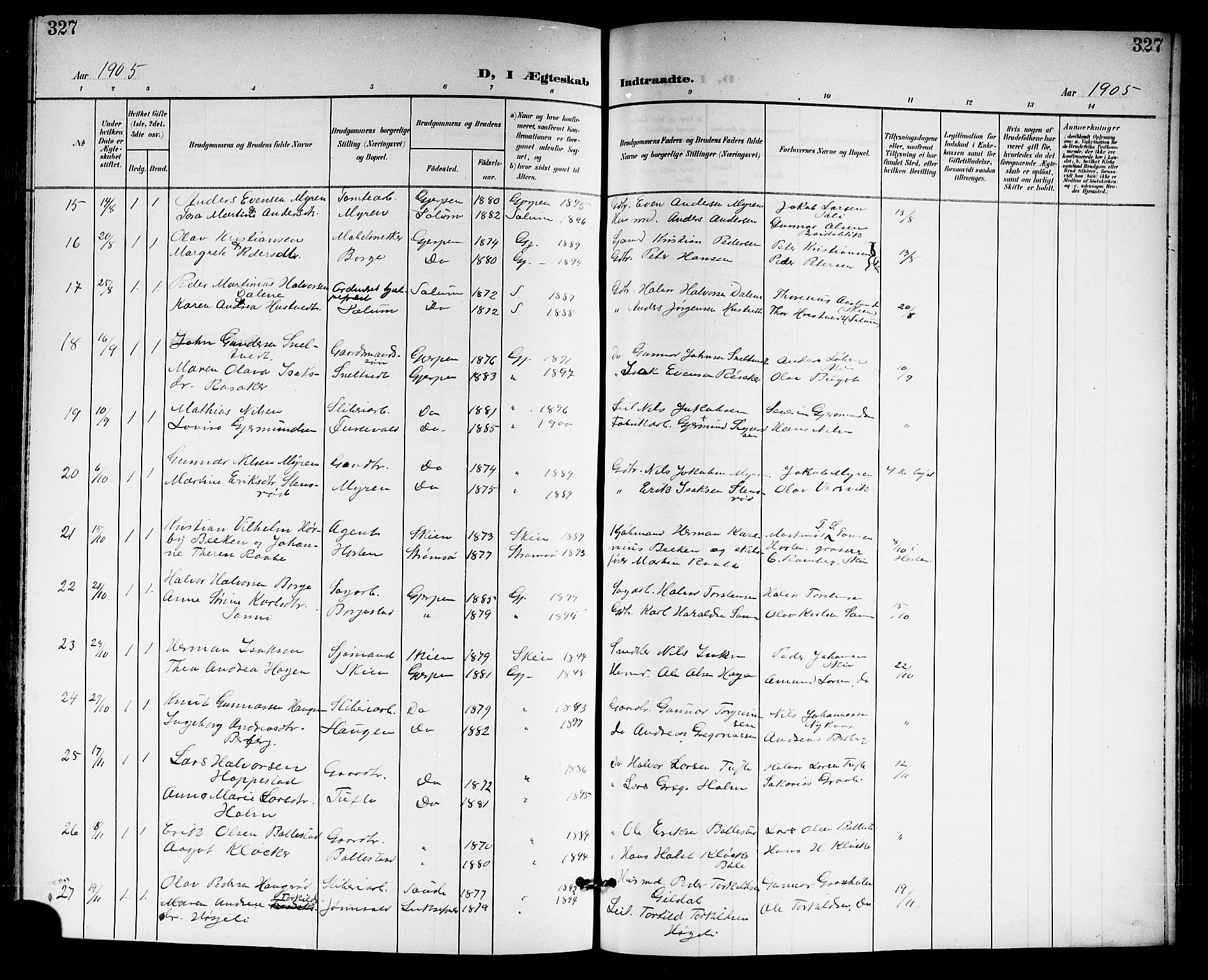 Gjerpen kirkebøker, SAKO/A-265/G/Ga/L0003: Parish register (copy) no. I 3, 1901-1919, p. 327