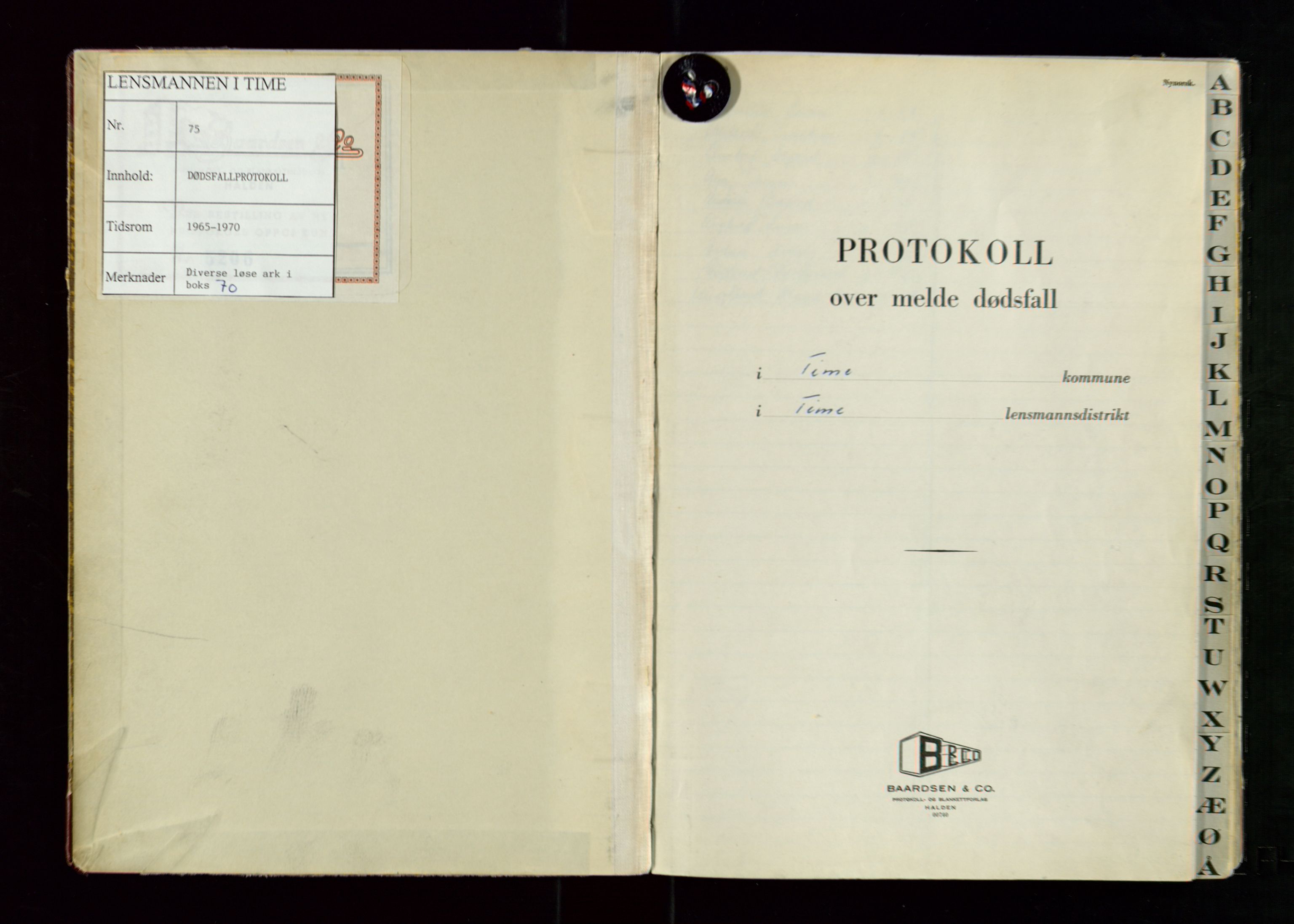 Time lensmannskontor, AV/SAST-A-100420/Gga/L0005: "Dødsfallprotokoll" m/alfabetisk register, 1965-1970