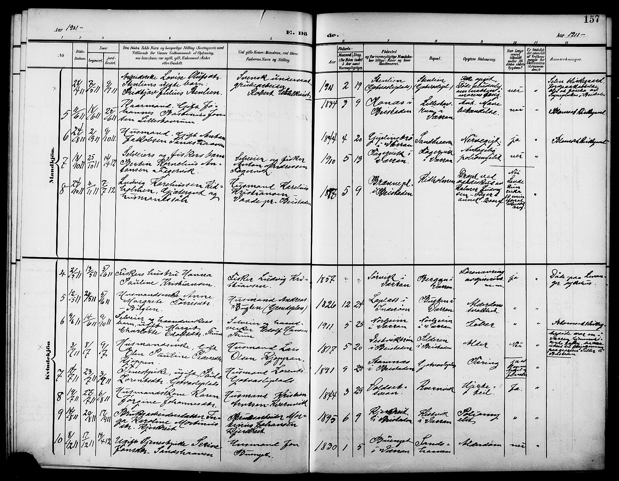 Ministerialprotokoller, klokkerbøker og fødselsregistre - Nord-Trøndelag, AV/SAT-A-1458/744/L0424: Parish register (copy) no. 744C03, 1906-1923, p. 157