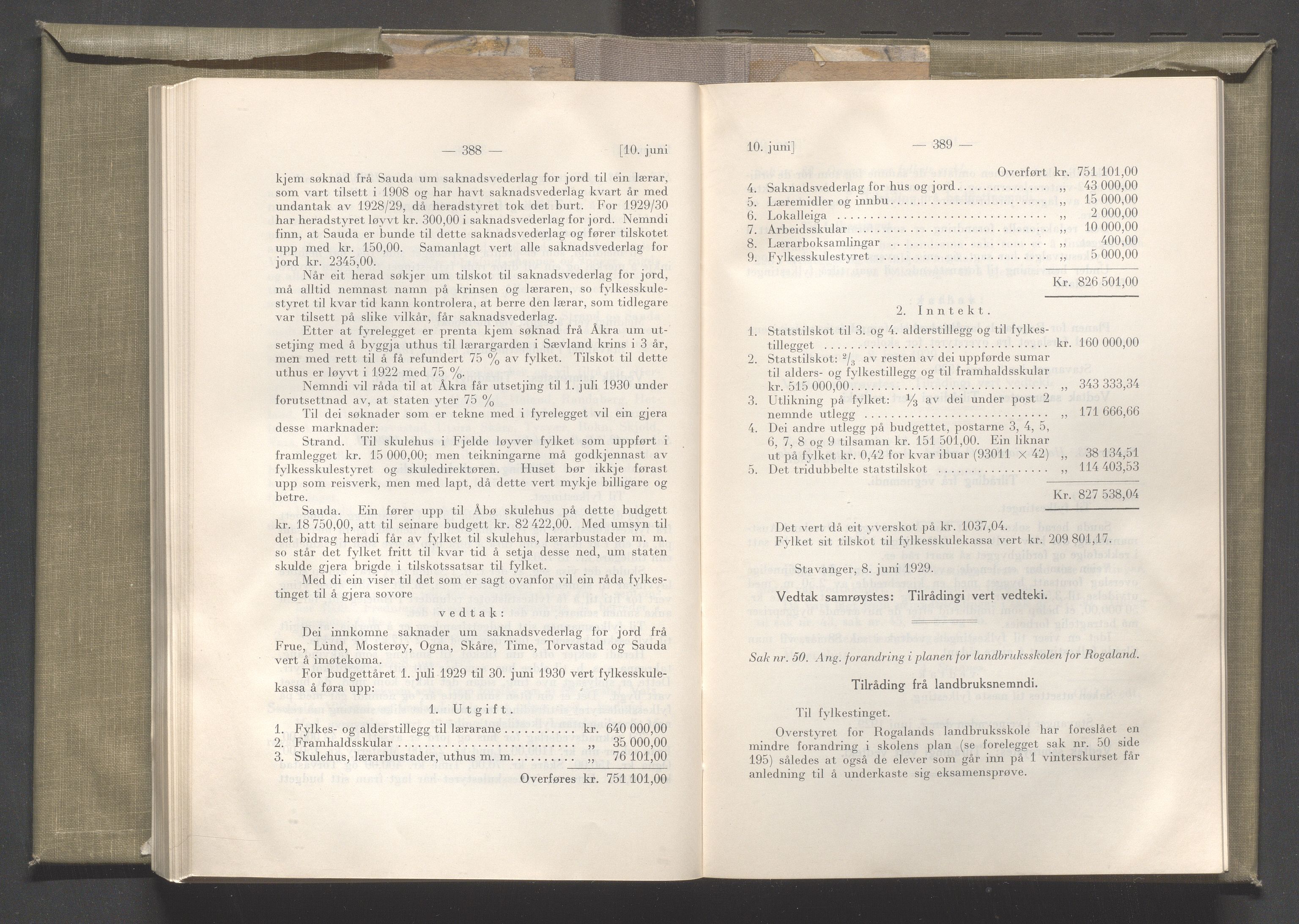 Rogaland fylkeskommune - Fylkesrådmannen , IKAR/A-900/A/Aa/Aaa/L0048: Møtebok , 1929, p. 388-389