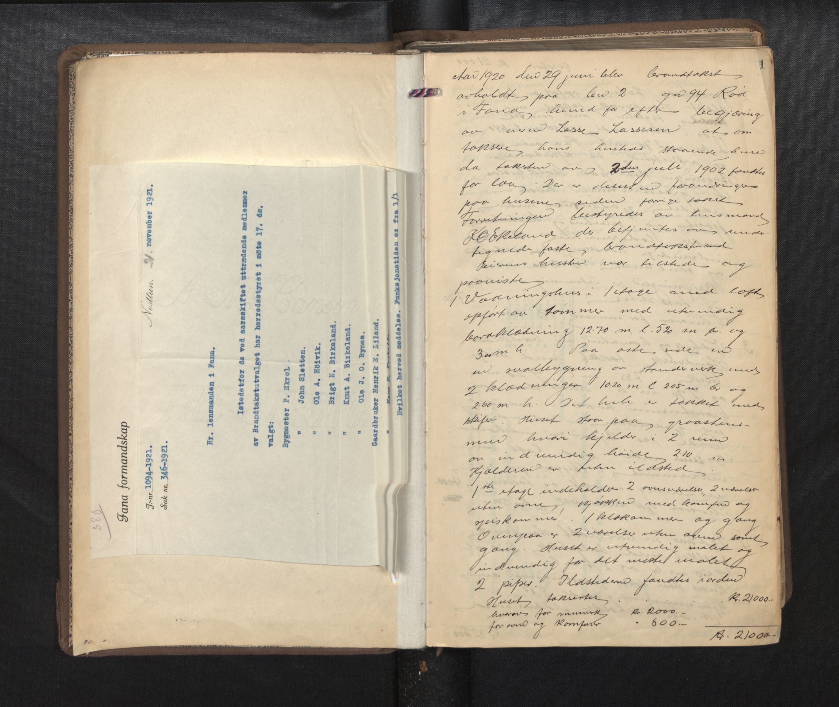 Lensmannen i Fana, AV/SAB-A-31801/0012/L0009: Branntakstprotokoll, 1920-1922, p. 1
