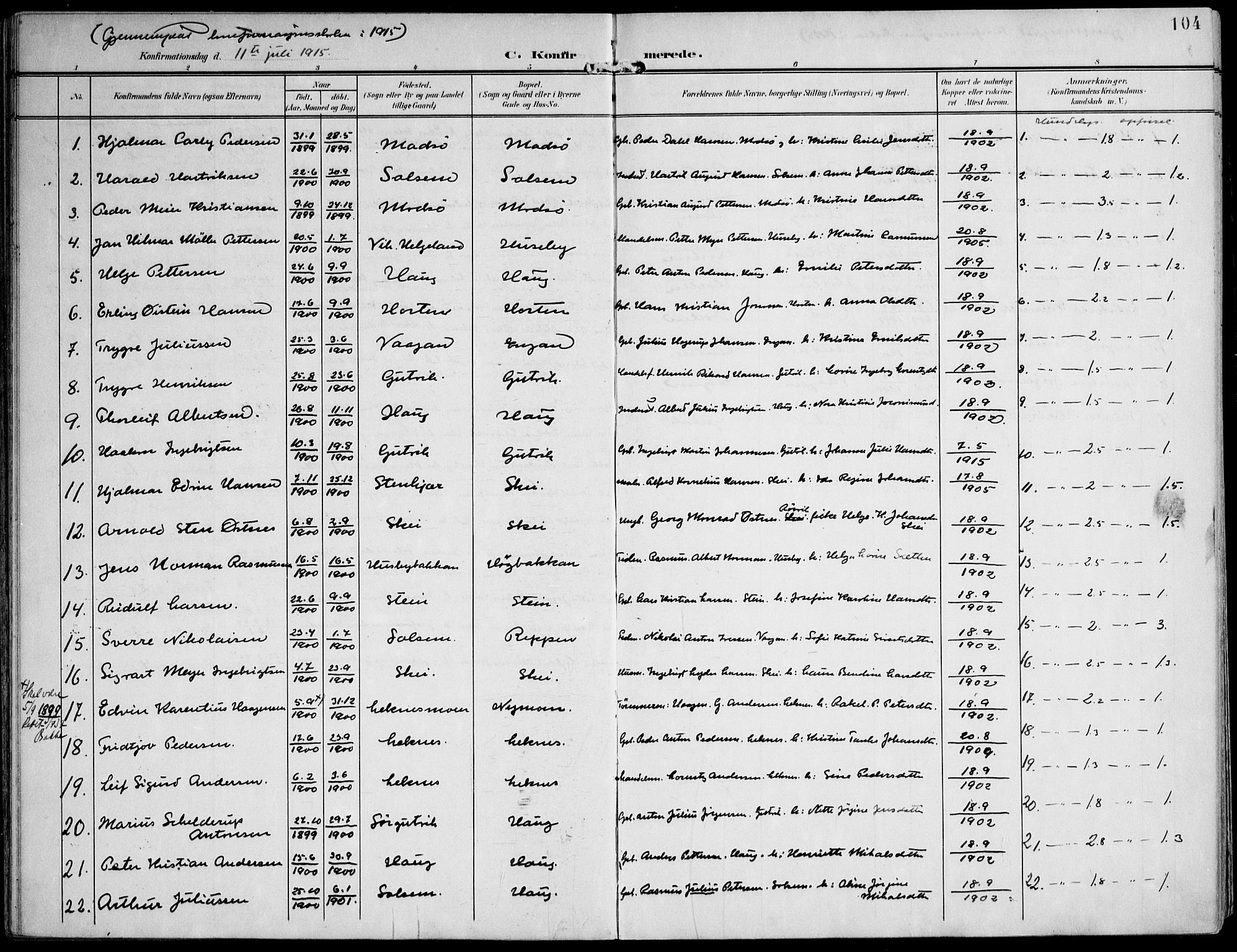 Ministerialprotokoller, klokkerbøker og fødselsregistre - Nord-Trøndelag, SAT/A-1458/788/L0698: Parish register (official) no. 788A05, 1902-1921, p. 104