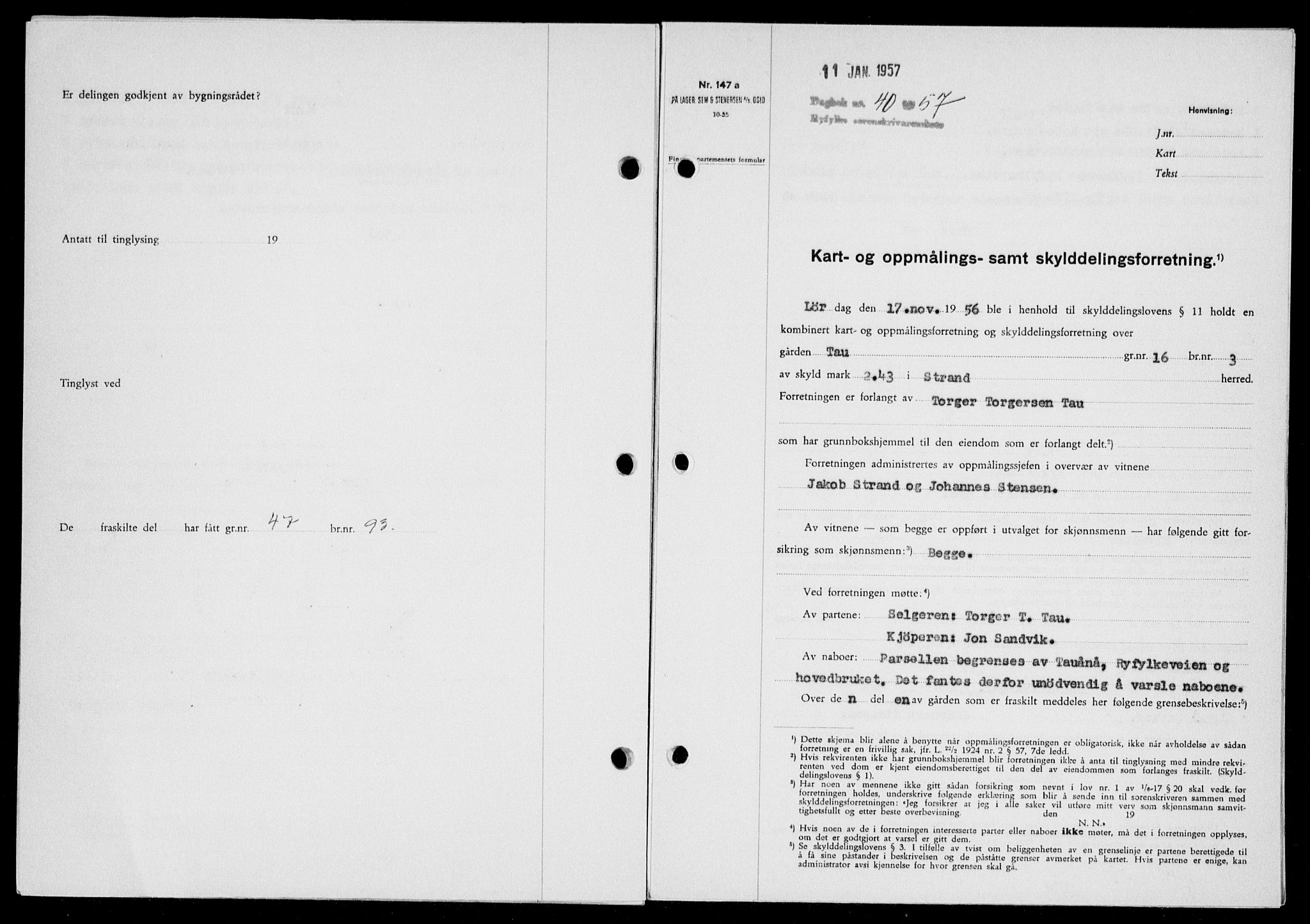 Ryfylke tingrett, AV/SAST-A-100055/001/II/IIB/L0135: Mortgage book no. 114, 1956-1957, Diary no: : 40/1957