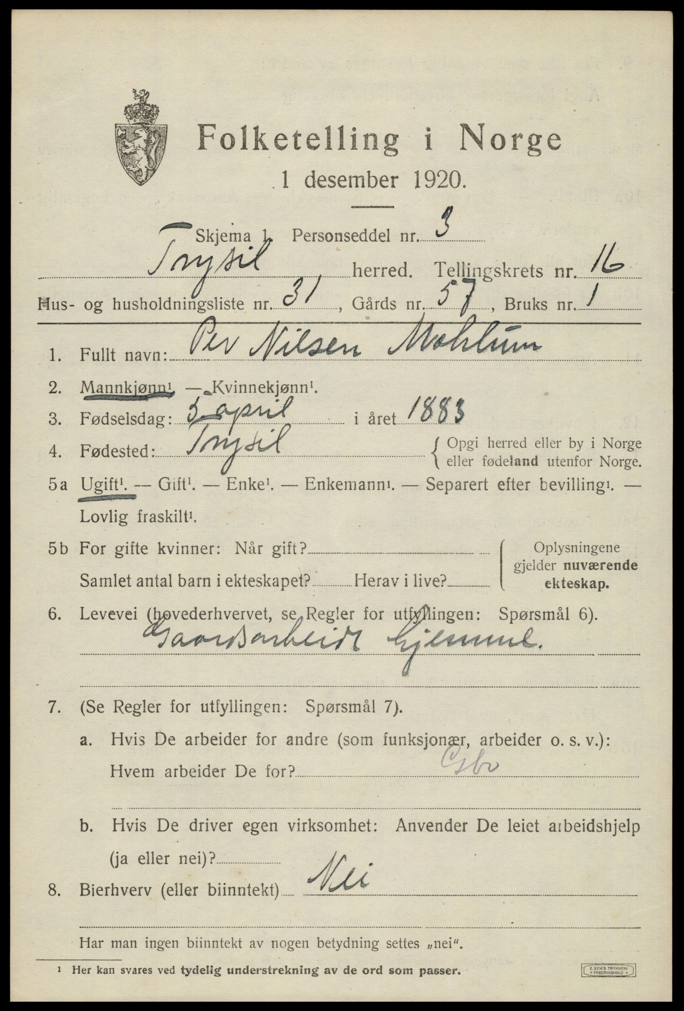 SAH, 1920 census for Trysil, 1920, p. 9777