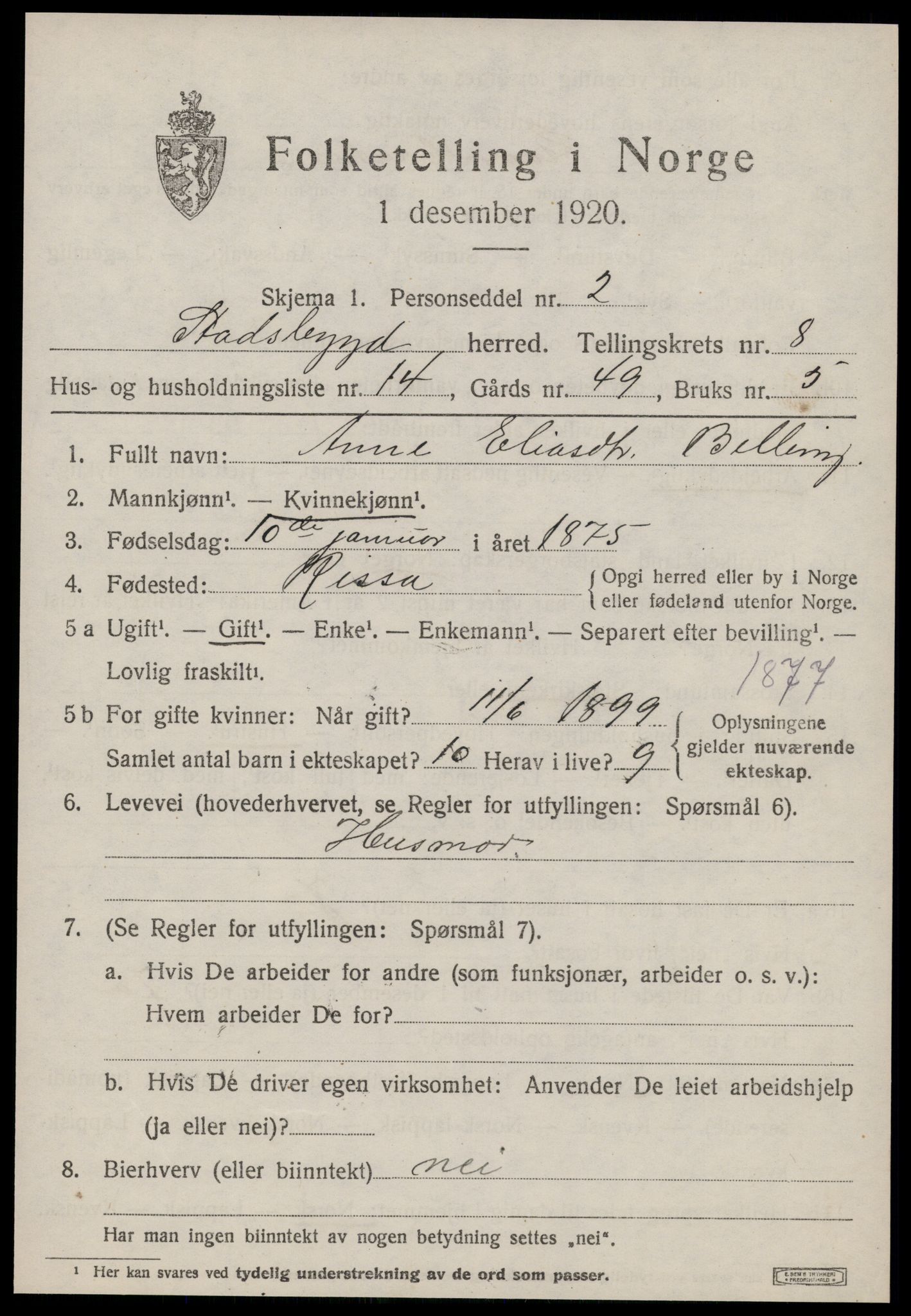 SAT, 1920 census for Stadsbygd, 1920, p. 4030