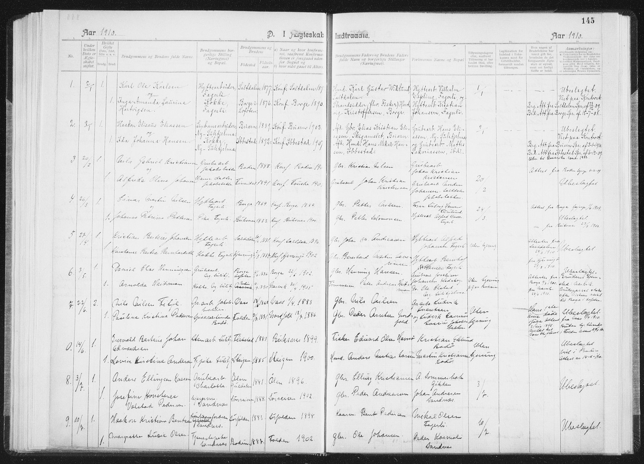 Ministerialprotokoller, klokkerbøker og fødselsregistre - Nordland, SAT/A-1459/850/L0711: Curate's parish register no. 850B01, 1902-1915, p. 145