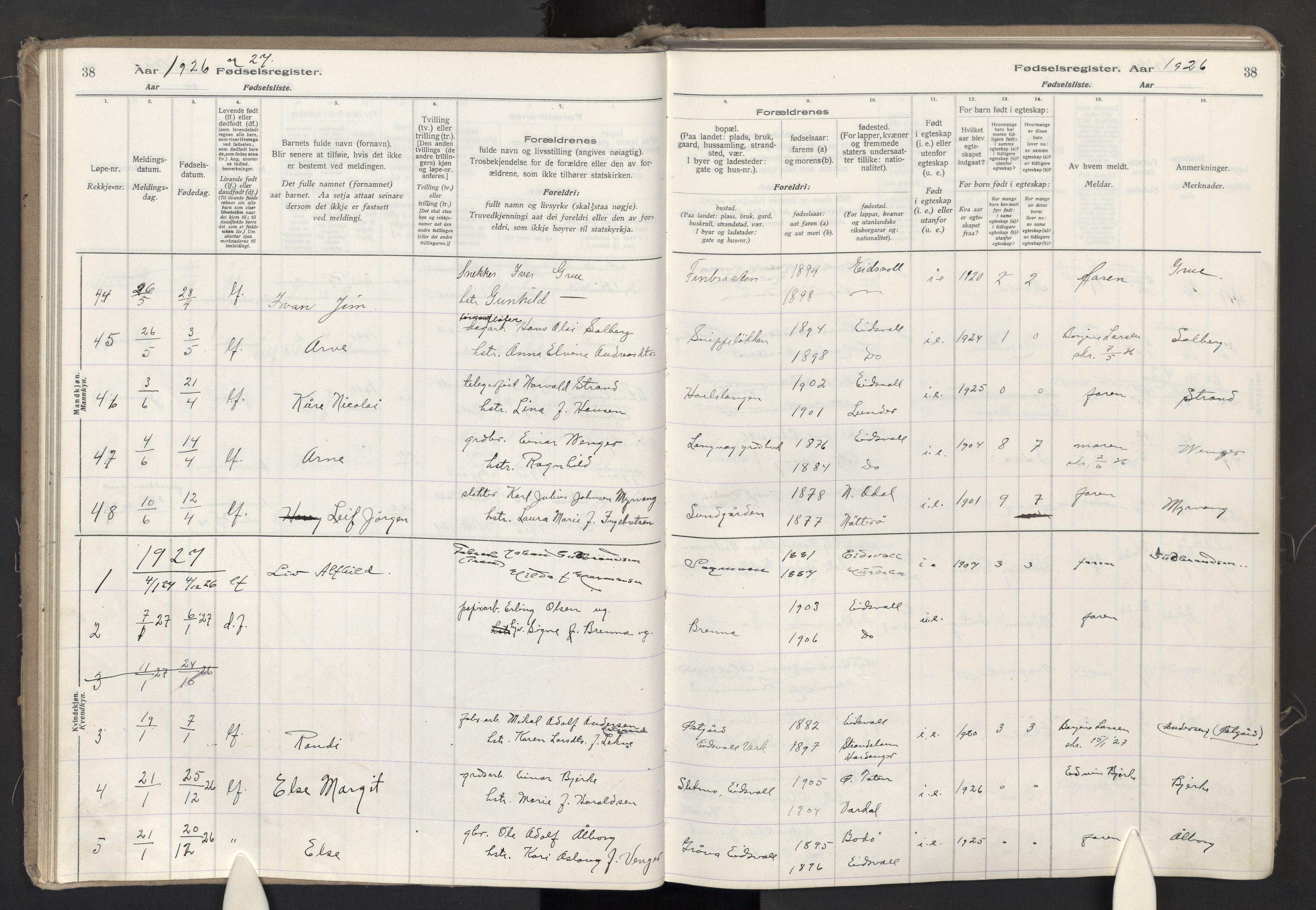 Eidsvoll prestekontor Kirkebøker, SAO/A-10888: Birth register no. I 2, 1924-1937, p. 38