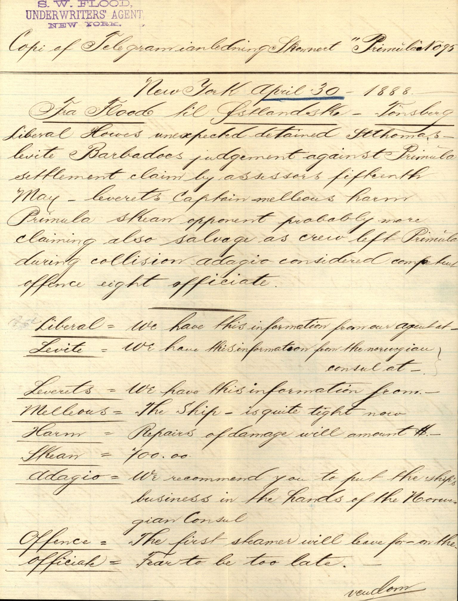Pa 63 - Østlandske skibsassuranceforening, VEMU/A-1079/G/Ga/L0021/0003: Havaridokumenter / Inga av Drammen, Inga av Sandefjord, Primula, 1888-1889, p. 95