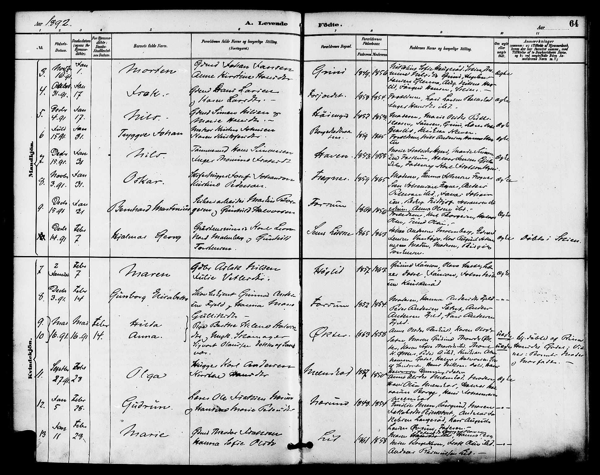 Gjerpen kirkebøker, SAKO/A-265/F/Fa/L0010: Parish register (official) no. I 10, 1886-1895, p. 64