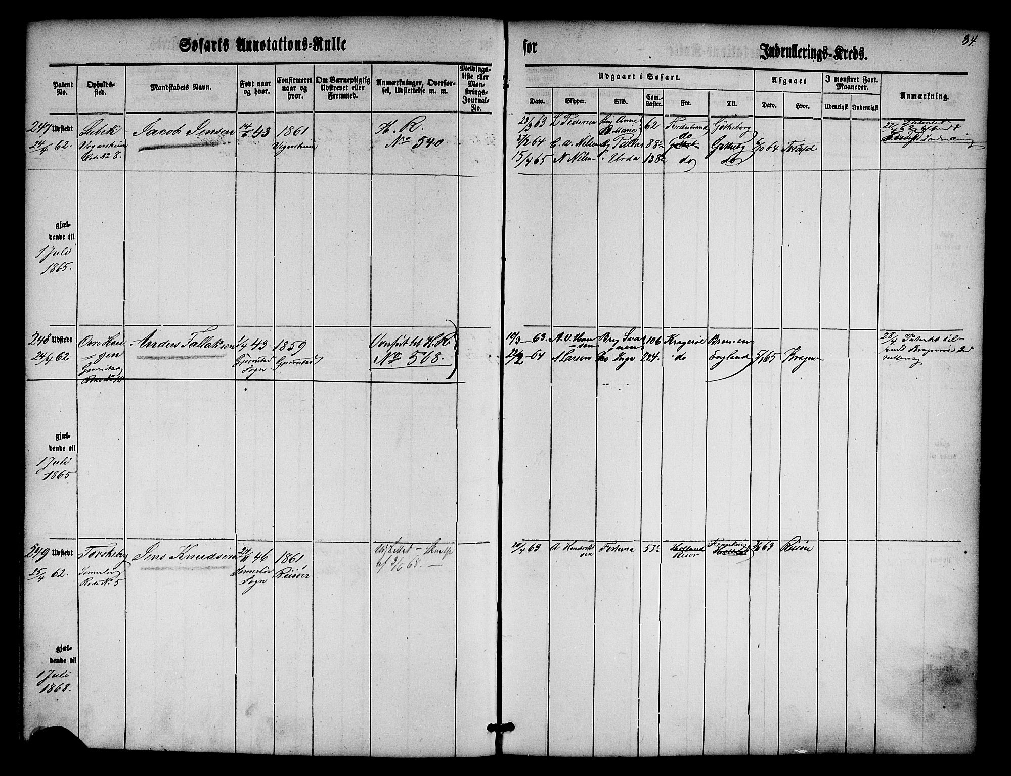 Risør mønstringskrets, SAK/2031-0010/F/Fa/L0001: Annotasjonsrulle nr 1-435 med register, D-1, 1860-1865, p. 103