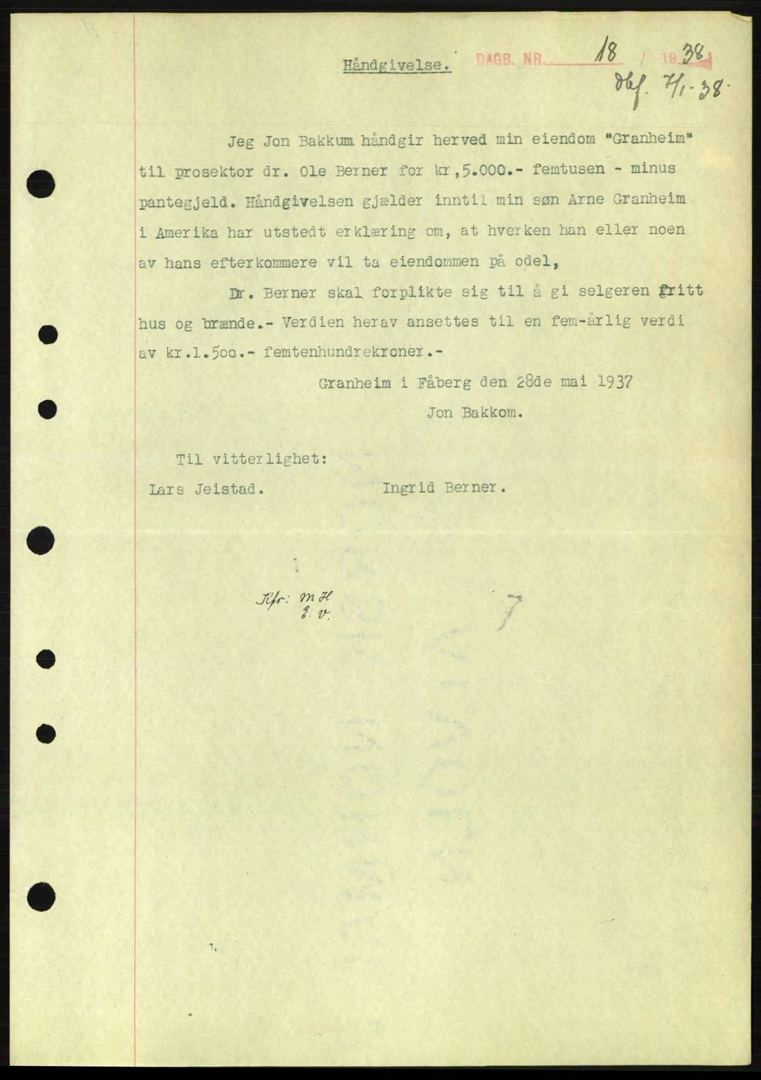Sør-Gudbrandsdal tingrett, SAH/TING-004/H/Hb/Hbe/L0001: Mortgage book no. B1, 1936-1939, Diary no: : 18/1938