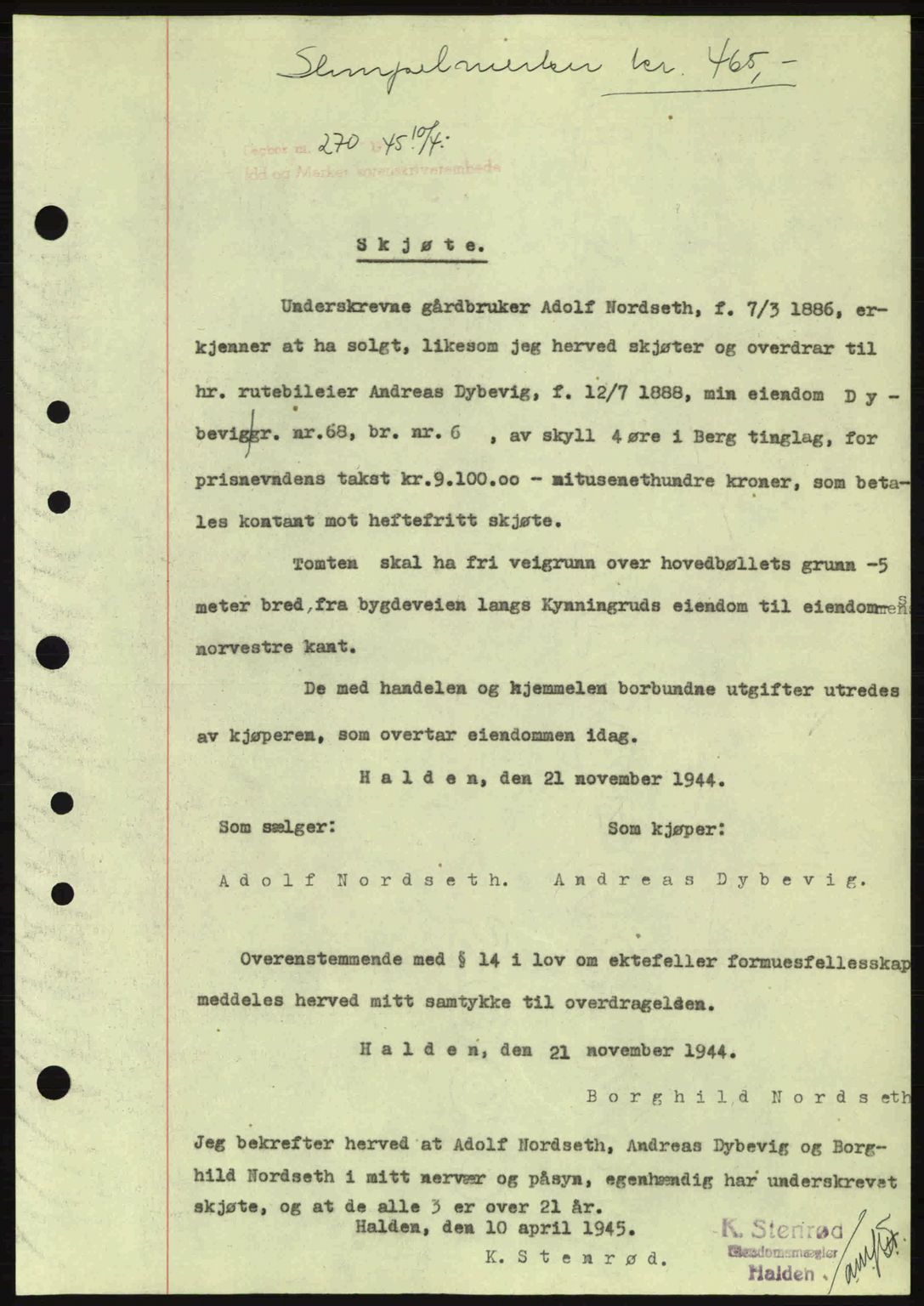 Idd og Marker sorenskriveri, AV/SAO-A-10283/G/Gb/Gbb/L0007: Mortgage book no. A7, 1944-1945, Diary no: : 270/1945