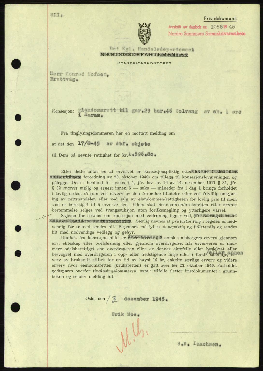 Nordre Sunnmøre sorenskriveri, SAT/A-0006/1/2/2C/2Ca: Mortgage book no. B6-14 a, 1942-1945, Diary no: : 1086/1945