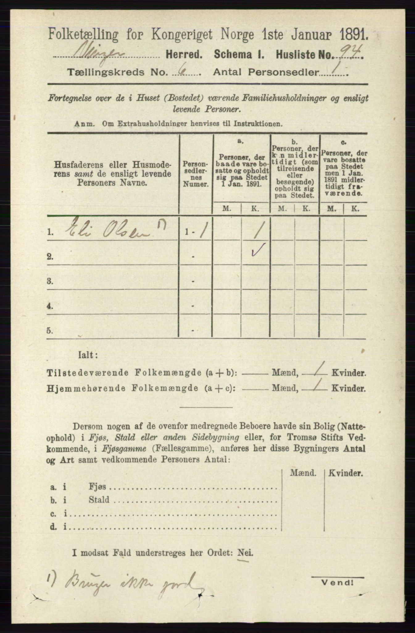 RA, 1891 census for 0421 Vinger, 1891, p. 2607