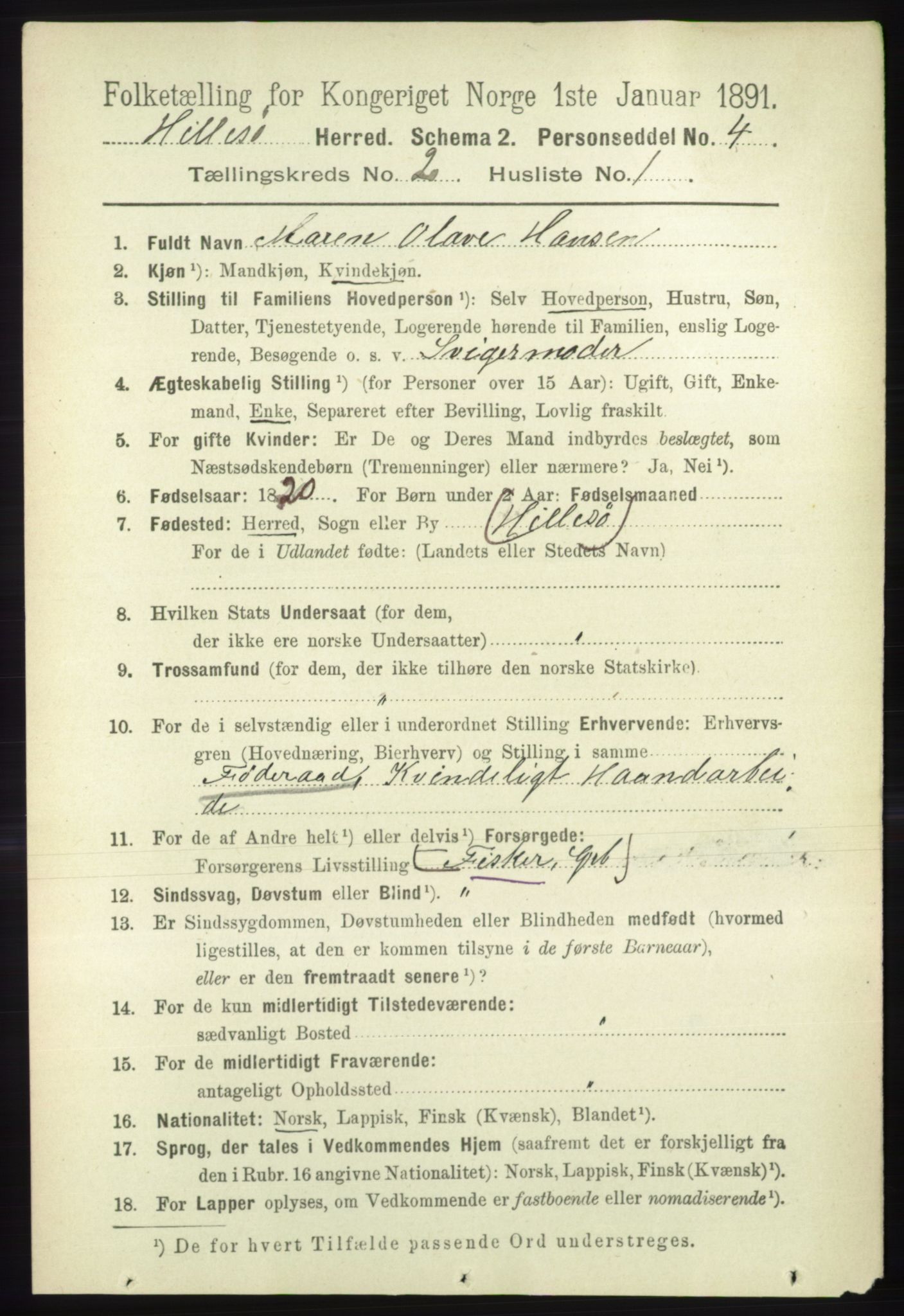 RA, 1891 census for 1930 Hillesøy, 1891, p. 632