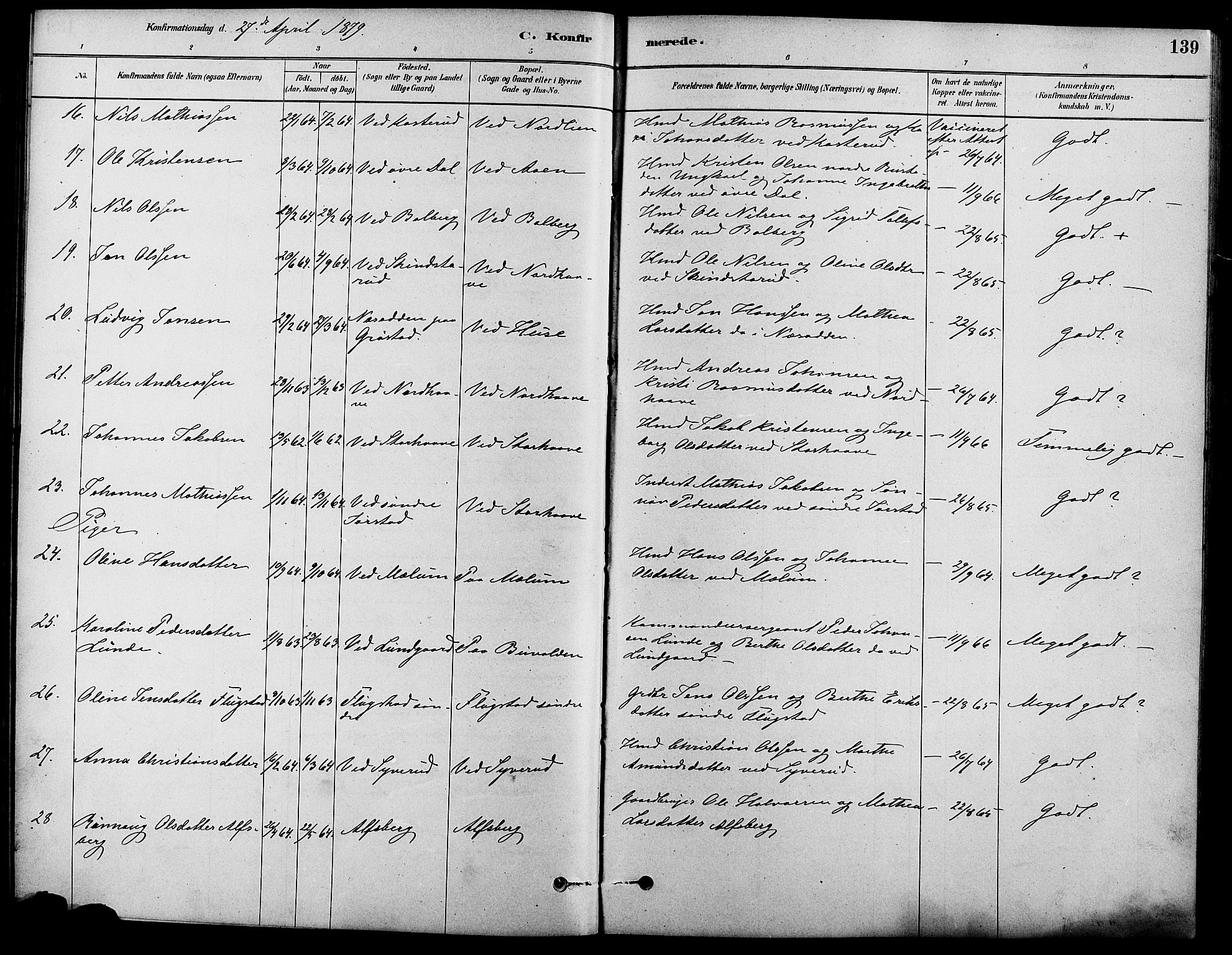 Fåberg prestekontor, AV/SAH-PREST-086/H/Ha/Haa/L0008: Parish register (official) no. 8, 1879-1898, p. 139