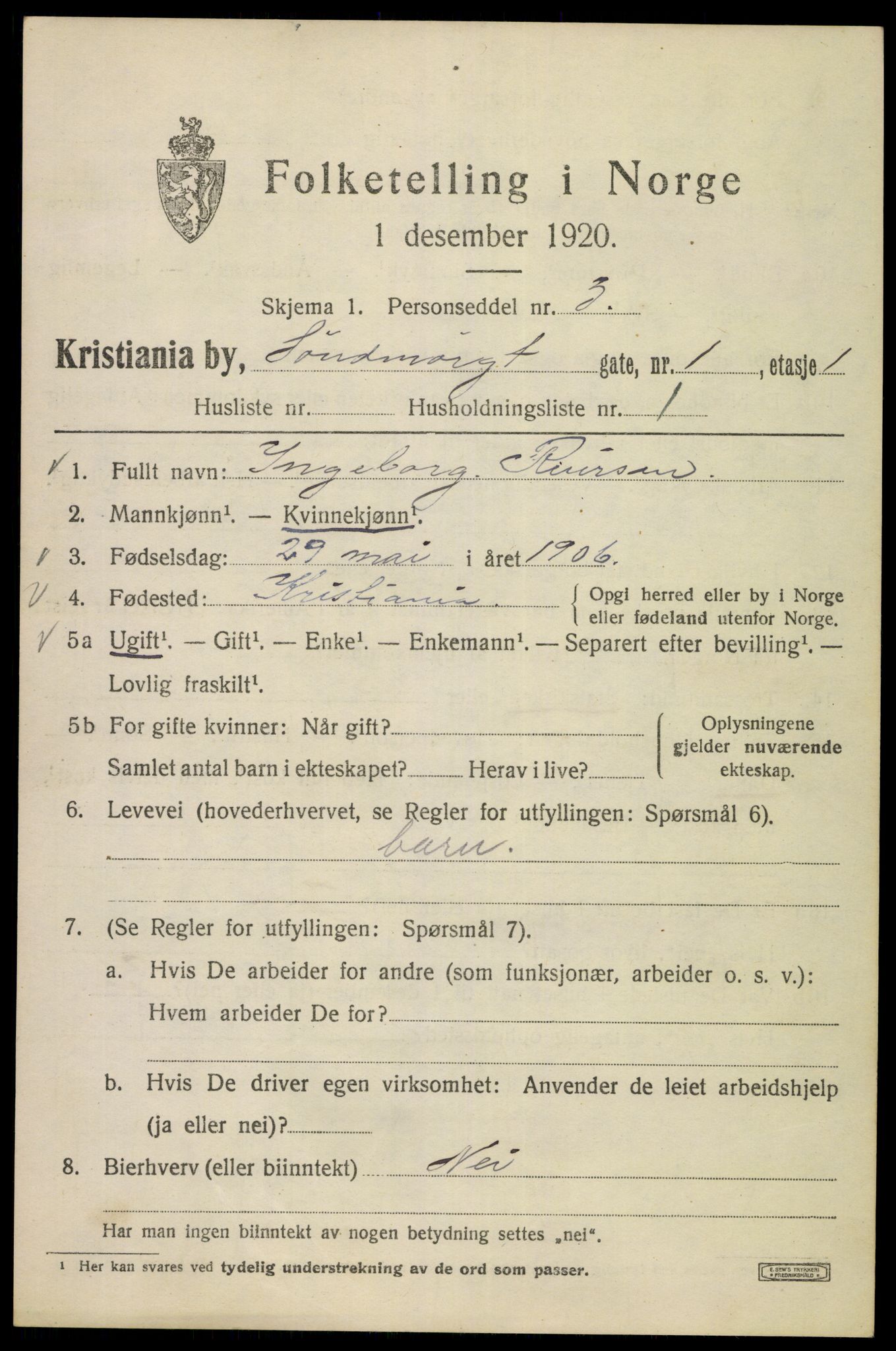 SAO, 1920 census for Kristiania, 1920, p. 561319