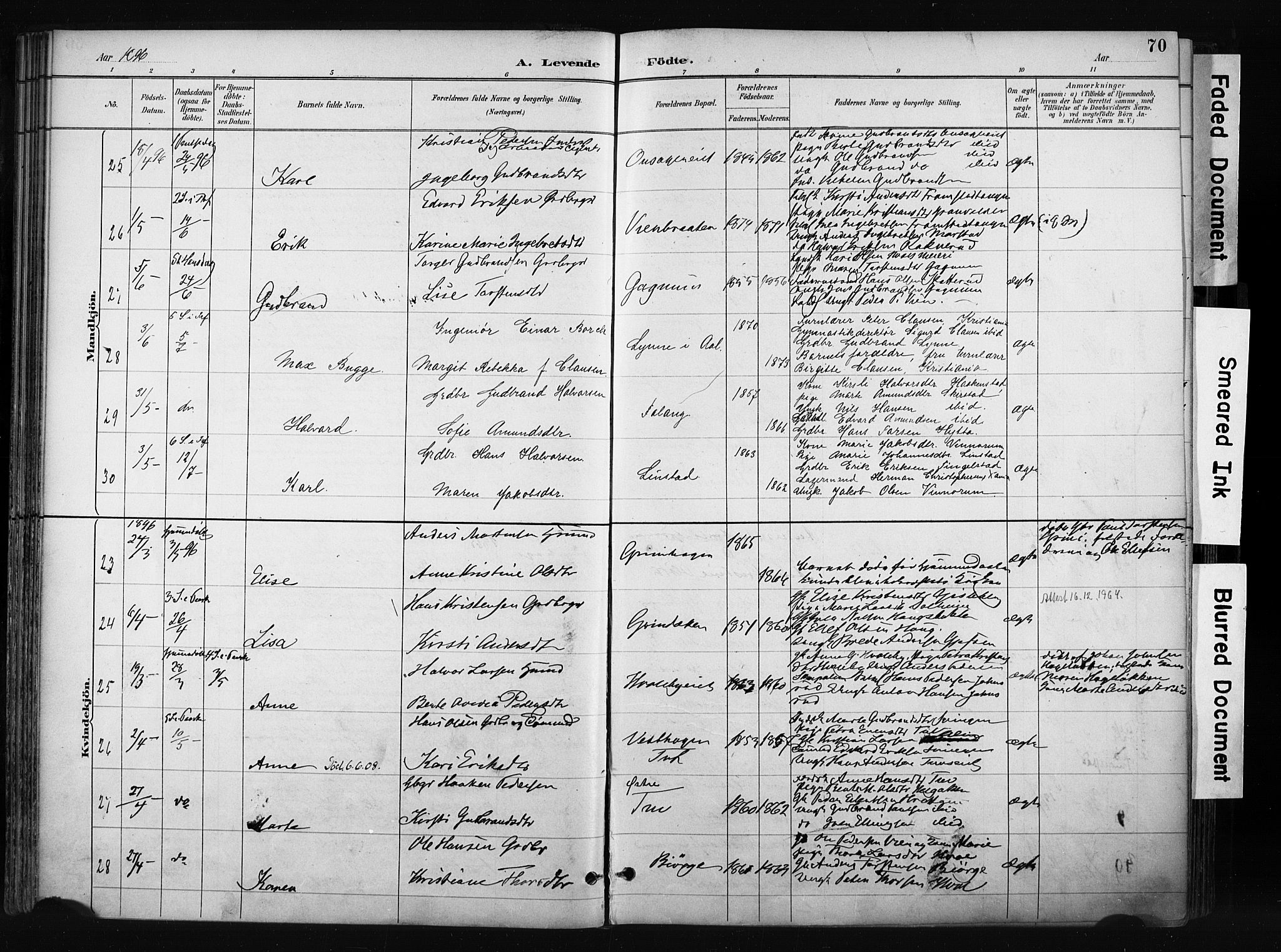 Gran prestekontor, AV/SAH-PREST-112/H/Ha/Haa/L0017: Parish register (official) no. 17, 1889-1897, p. 70