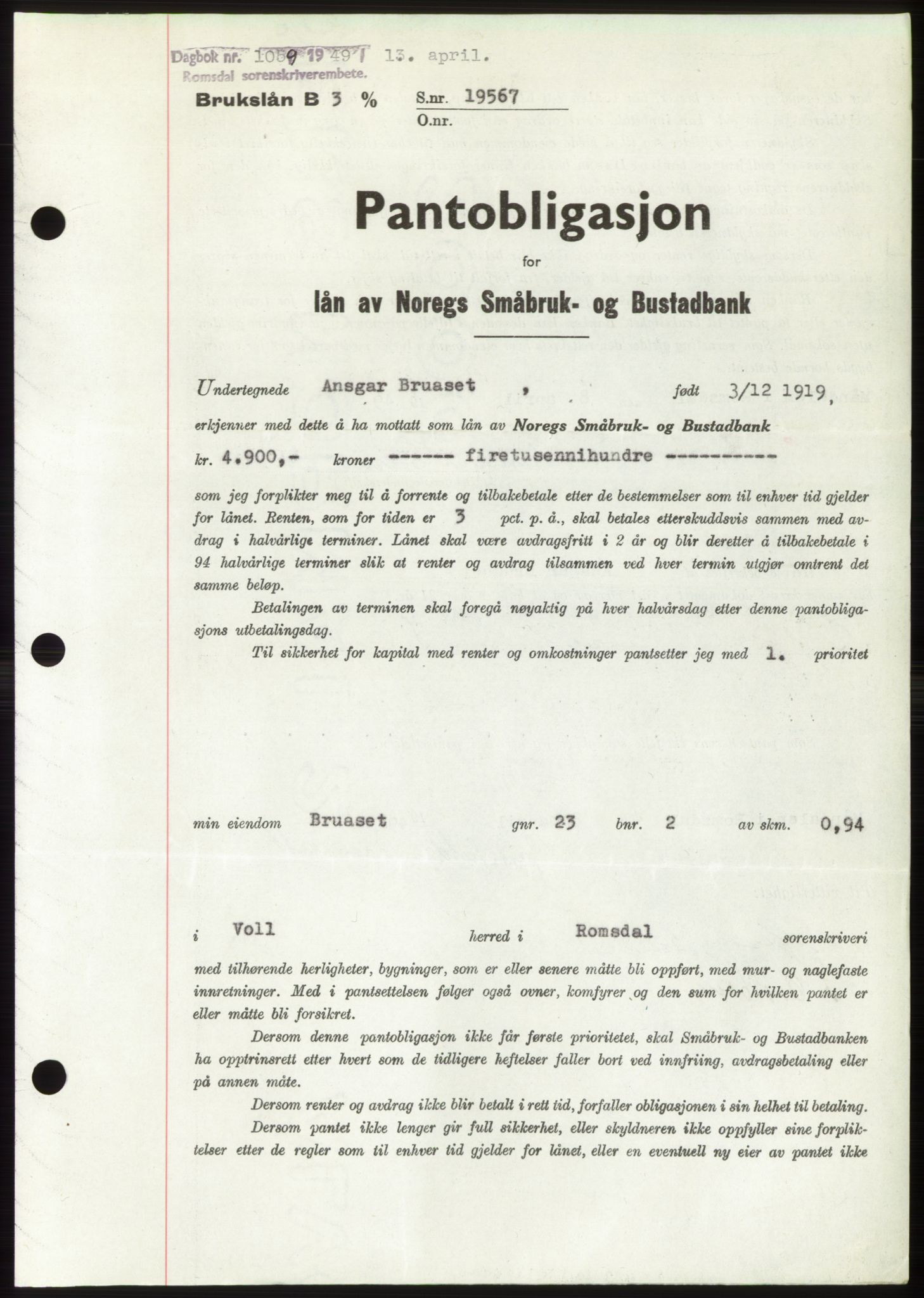 Romsdal sorenskriveri, AV/SAT-A-4149/1/2/2C: Mortgage book no. B4, 1948-1949, Diary no: : 1059/1949