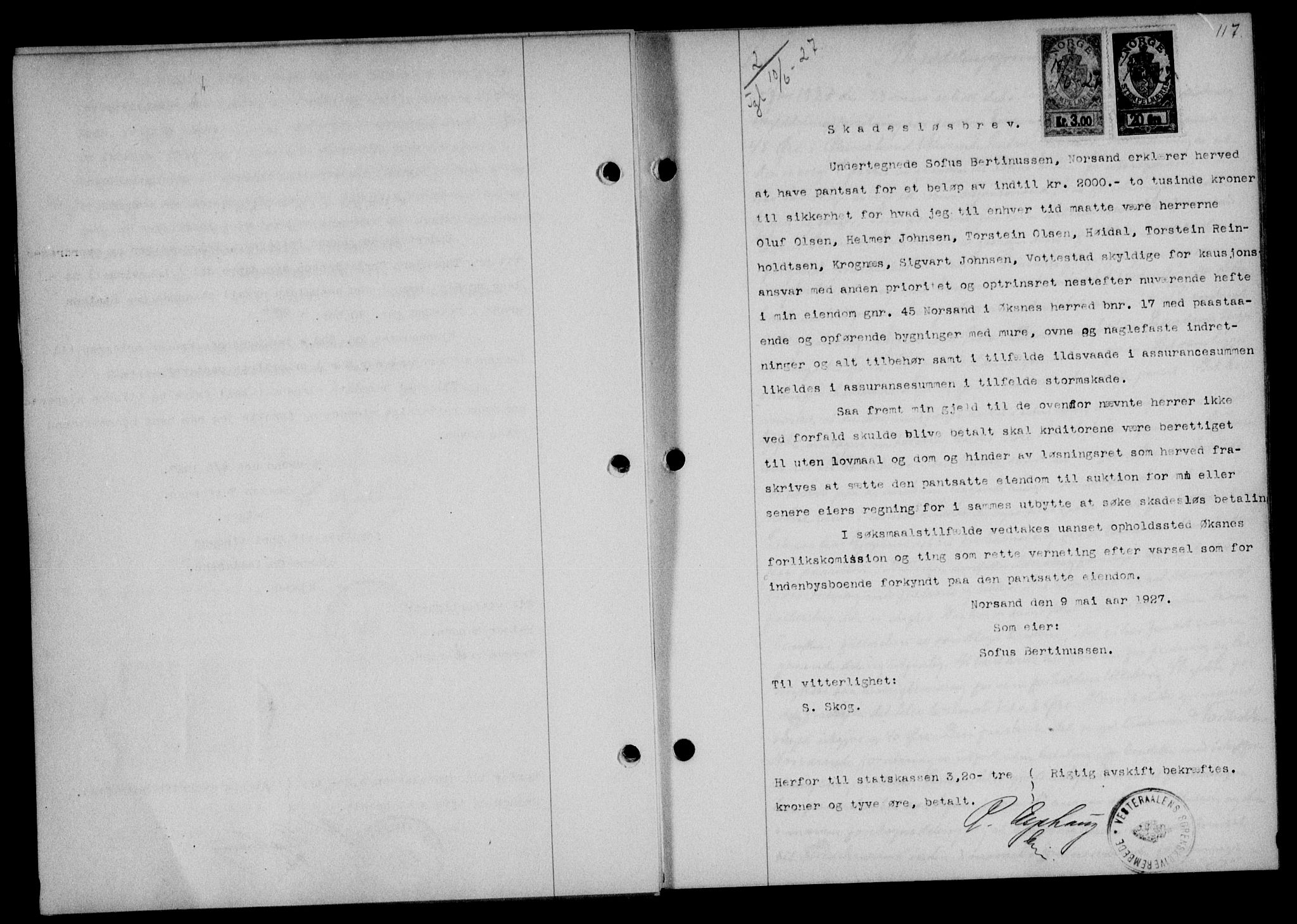 Vesterålen sorenskriveri, SAT/A-4180/1/2/2Ca/L0044: Mortgage book no. 37, 1927-1927, Deed date: 10.06.1927