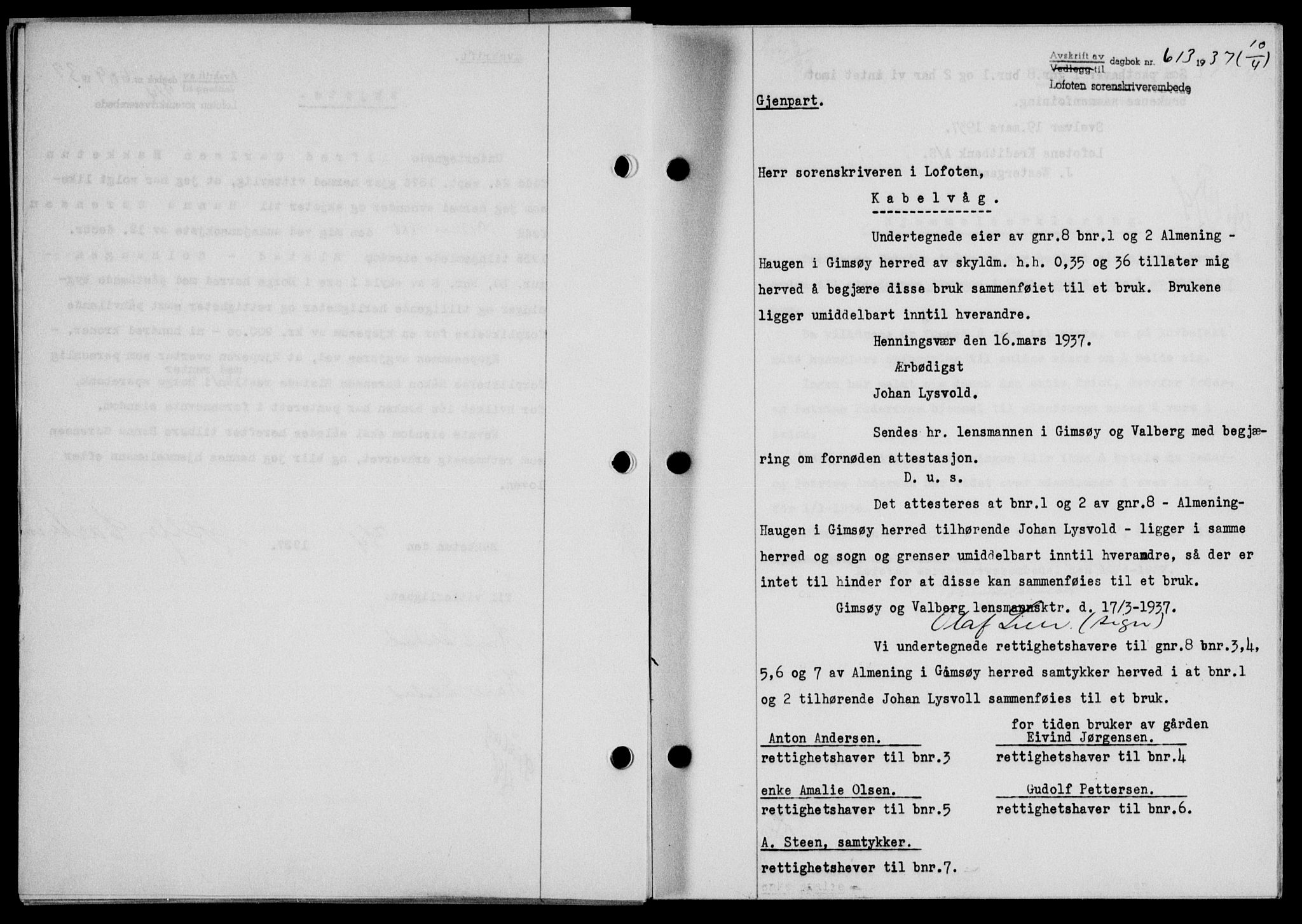 Lofoten sorenskriveri, SAT/A-0017/1/2/2C/L0002a: Mortgage book no. 2a, 1937-1937, Diary no: : 613/1937